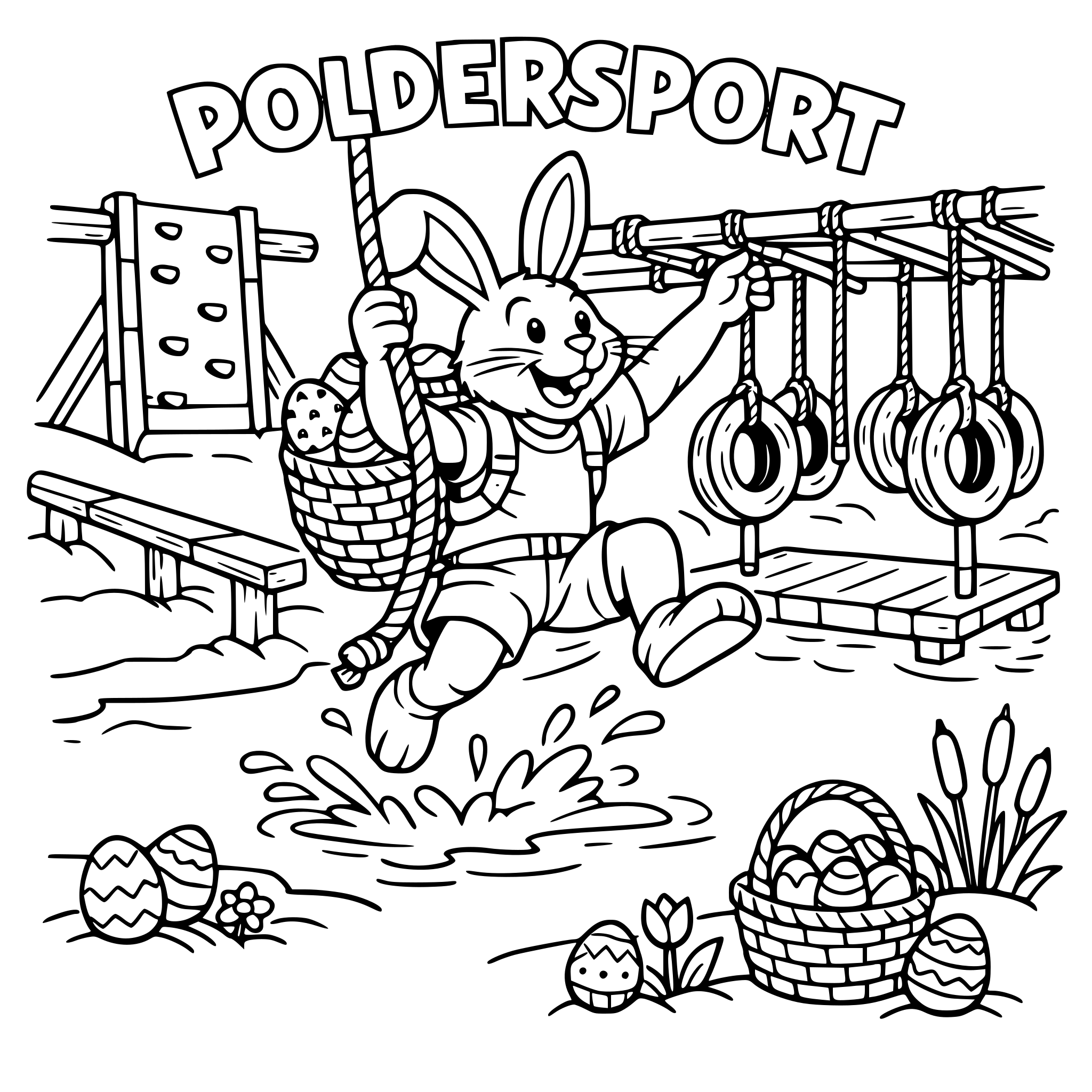 maak een pasen kleurplaat voor Poldersport. Het liefst een paashaas op een survival parcours