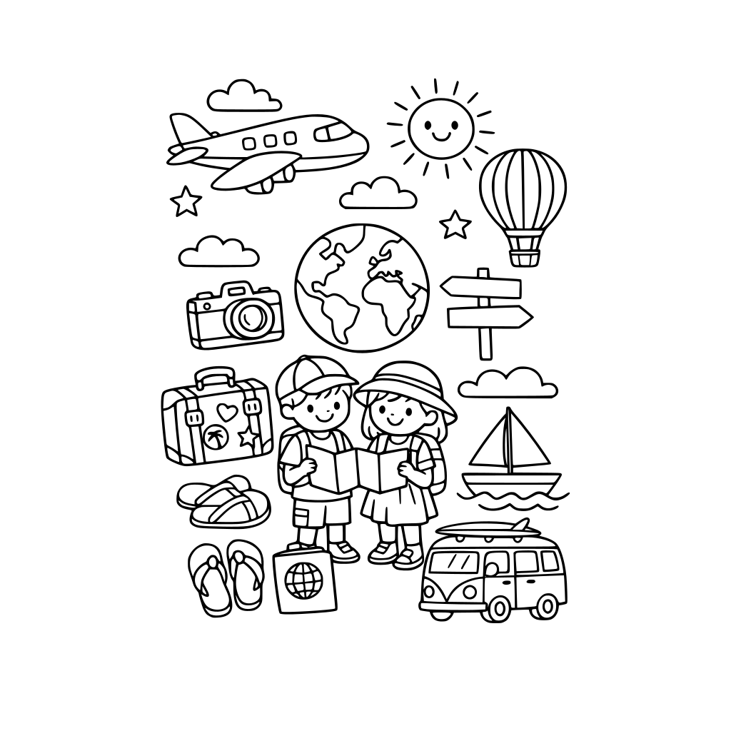 Un mélange de visuels en rapport avec le thème du voyage, adapté aux enfants