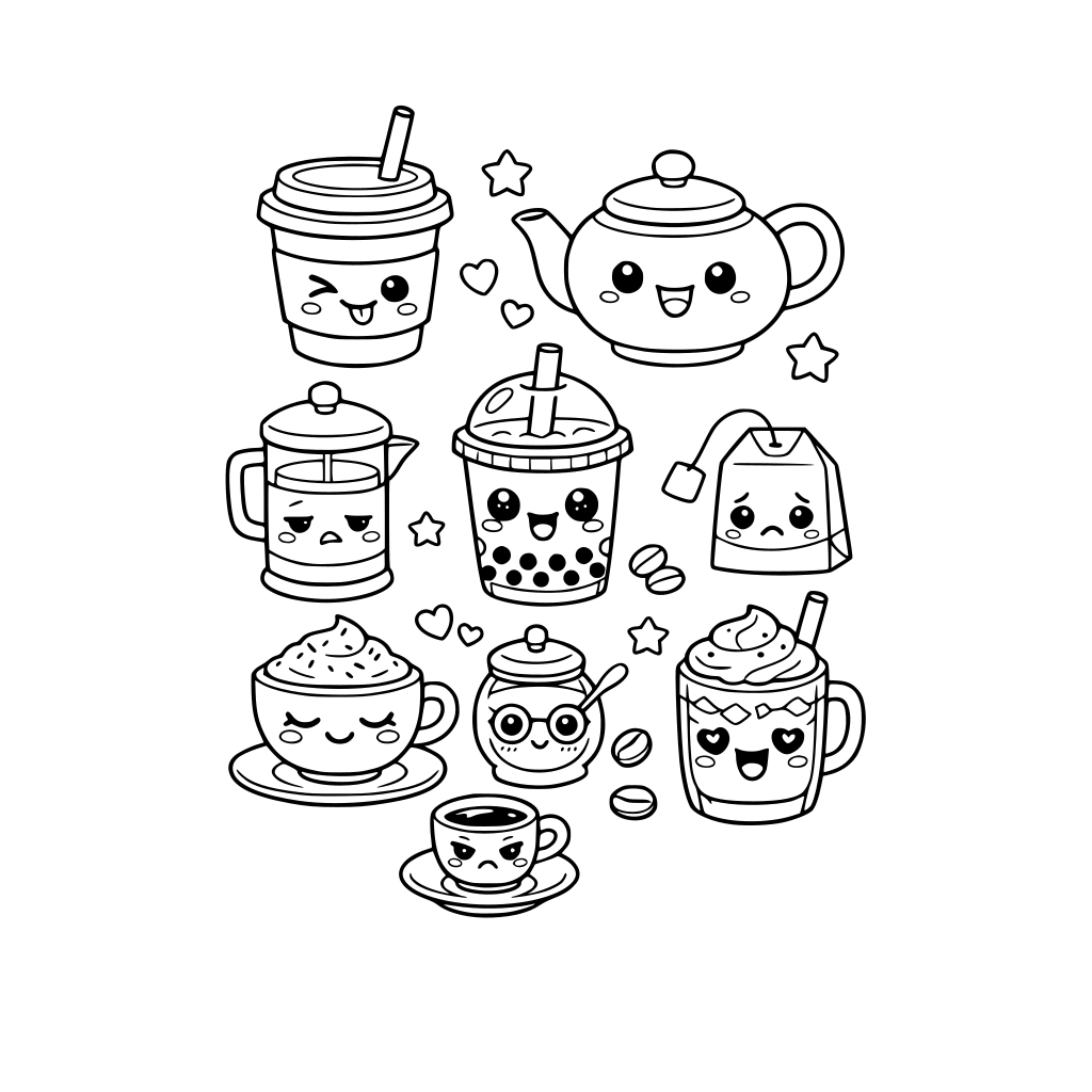 kawaii coffee and tea items. each item has a cute kawaii facial expression. do not repeat items. do not repeat facial expressions.
