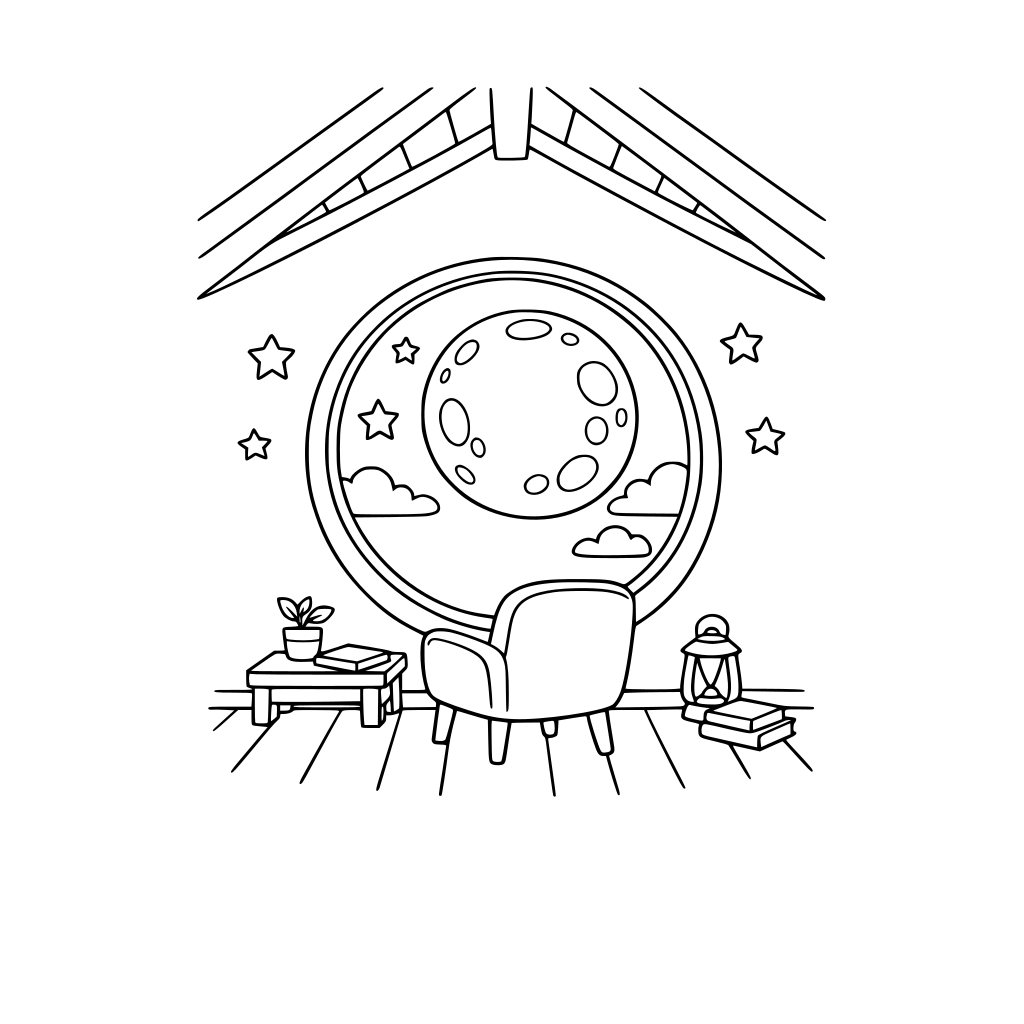 A minimalist, cozy attic room with a large circular window looking out at the moon. A single chair sits by the window.