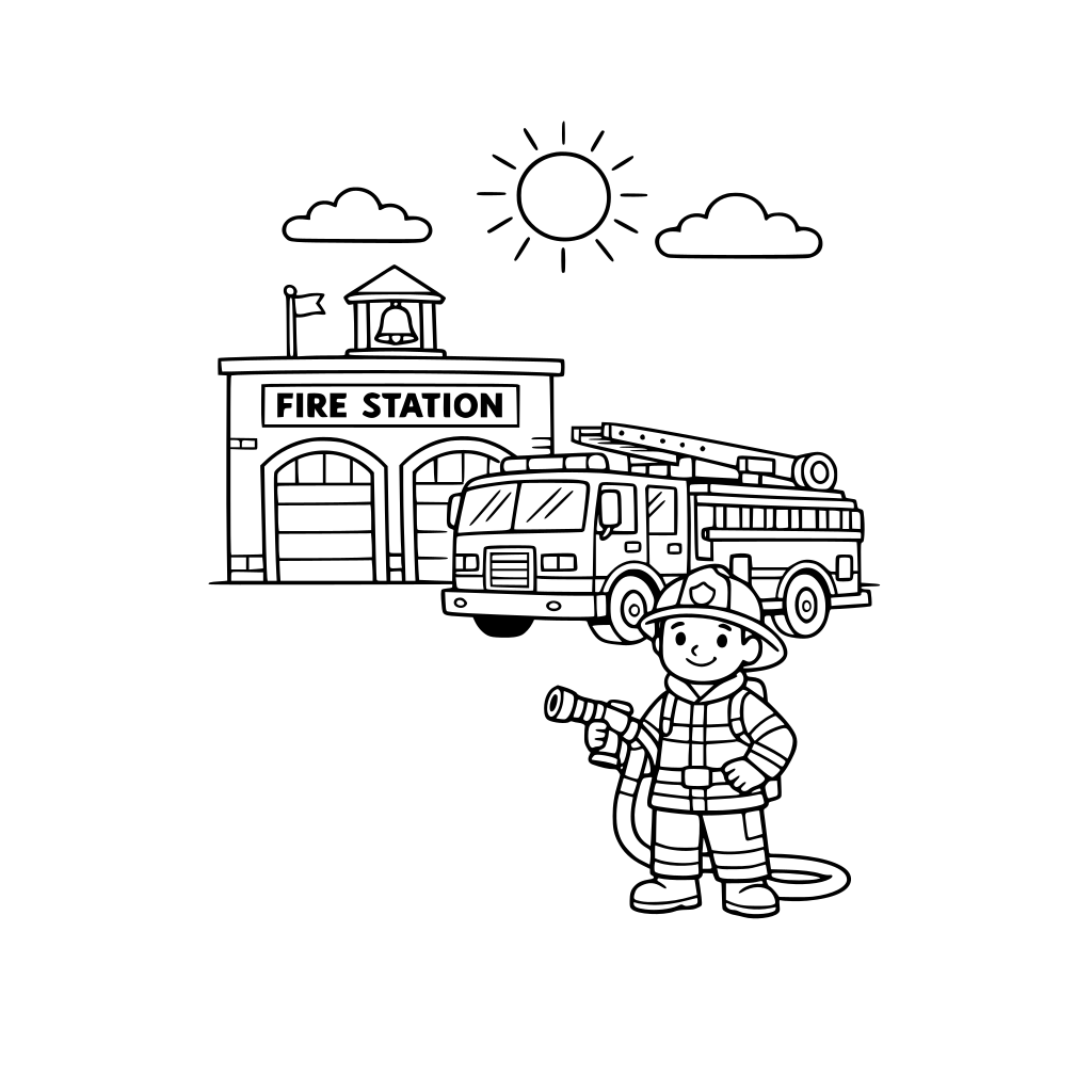 Coloring page where is firestation, firetruck and a firefighter. Sun is shining.