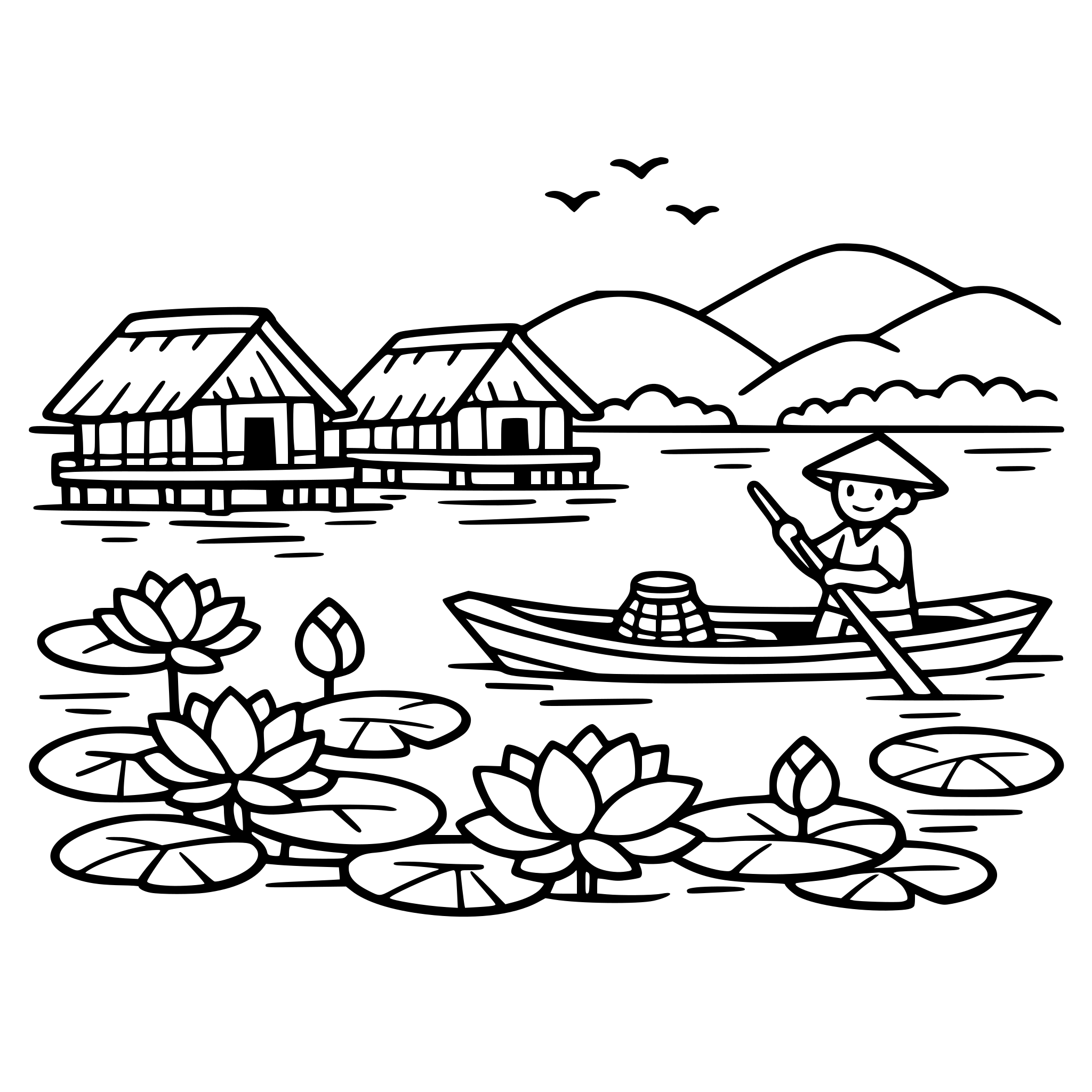 Cute cozy simple Manipur Lake scene with floating huts, fisherman boat, and lotus plants.