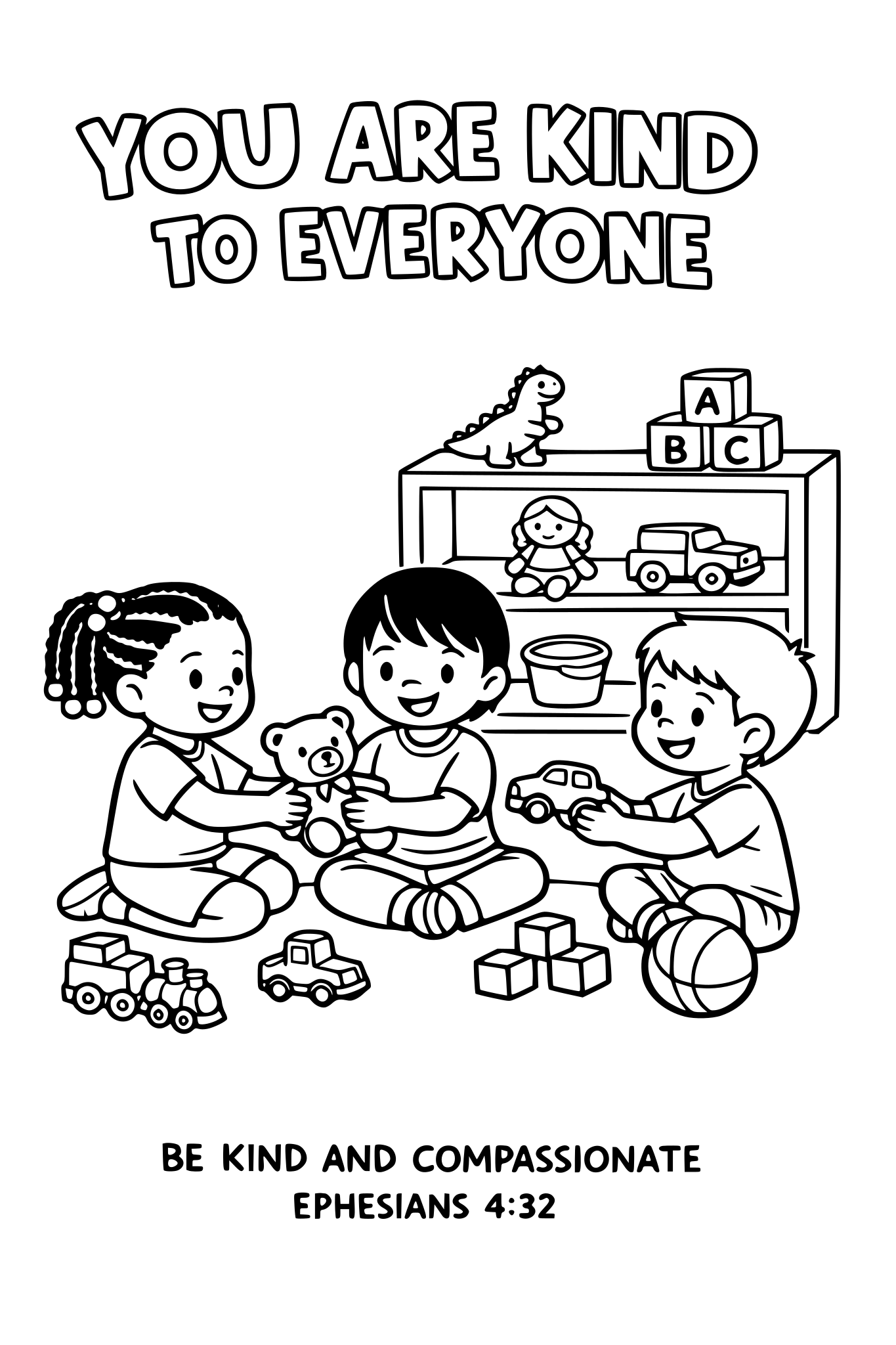 Black and white coloring page, simple kids line art, 3 child
