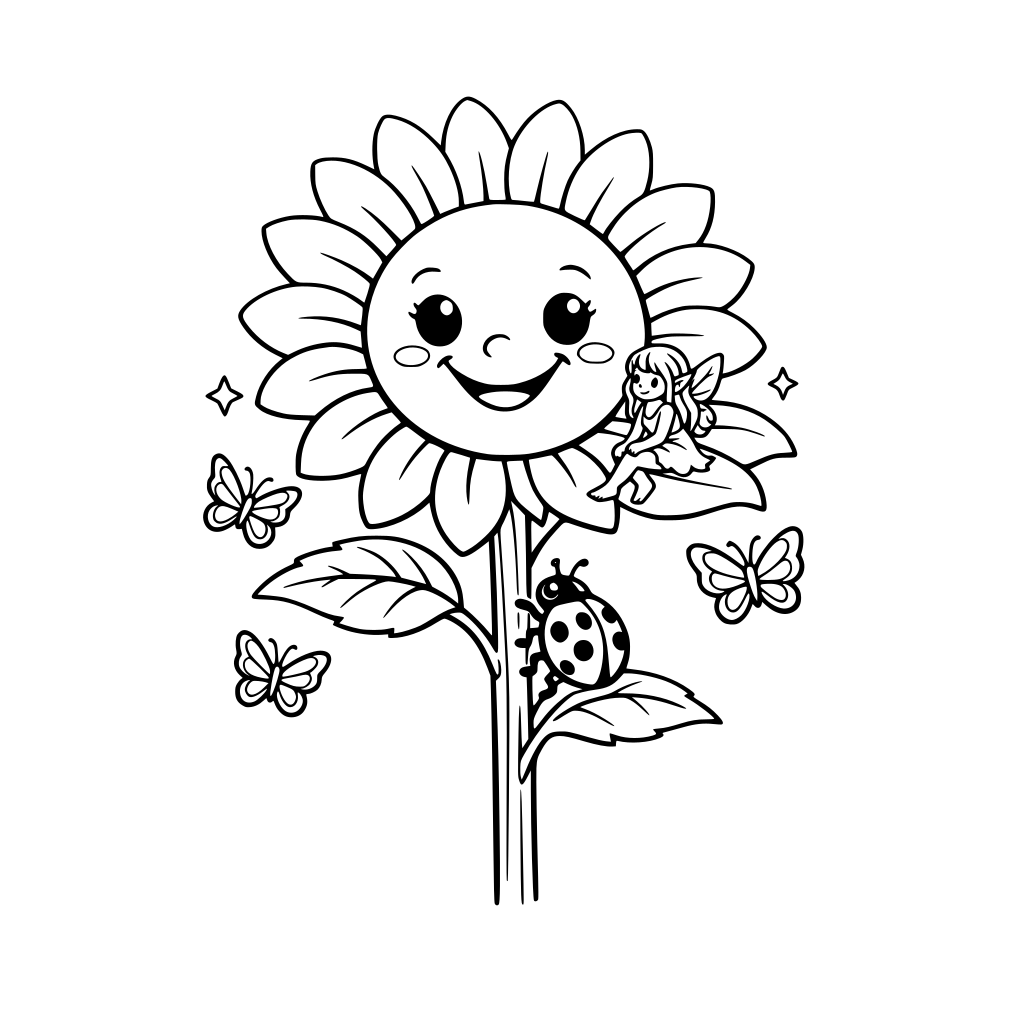 Oversized smiling sunflower with a tiny fairy sitting on one petal and a ladybug climbing the stem, butterflies floating nearby