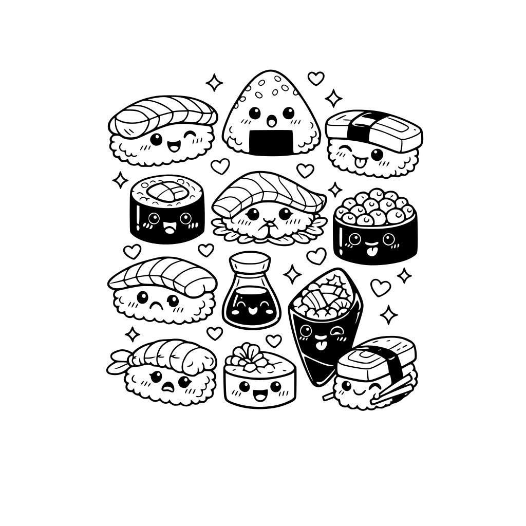 kawaii sushi, nigiri, onigiri, sashimi, and other japanese sushi items with different facial expressions