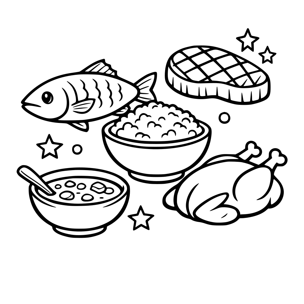 Healthy food: Fish, beef, rice, chicken, soup