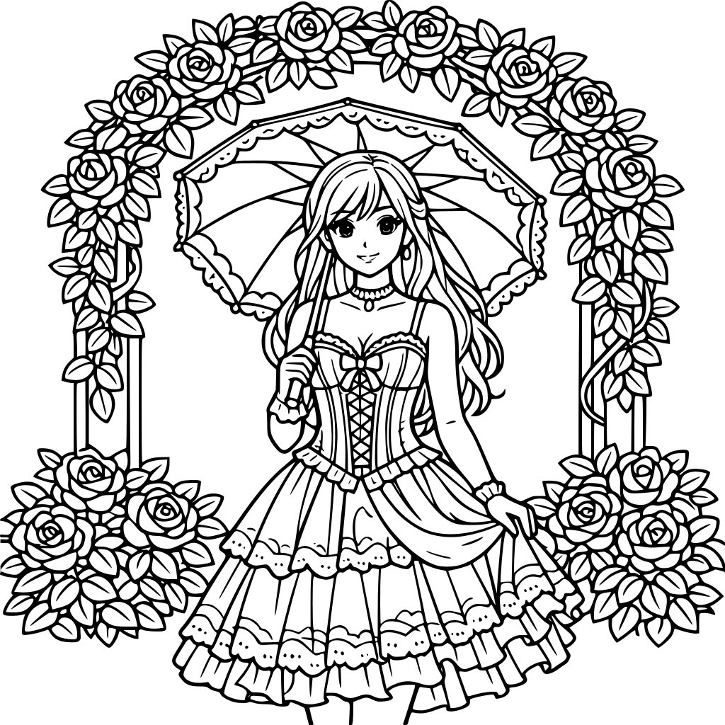Young lady in lace corset dress holding a parasol, standing under a rose-covered garden arch.