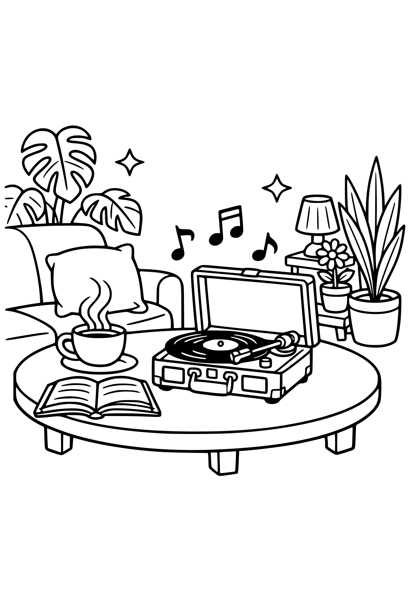 A “slow Sunday morning” scene (sunlight, plants, music)