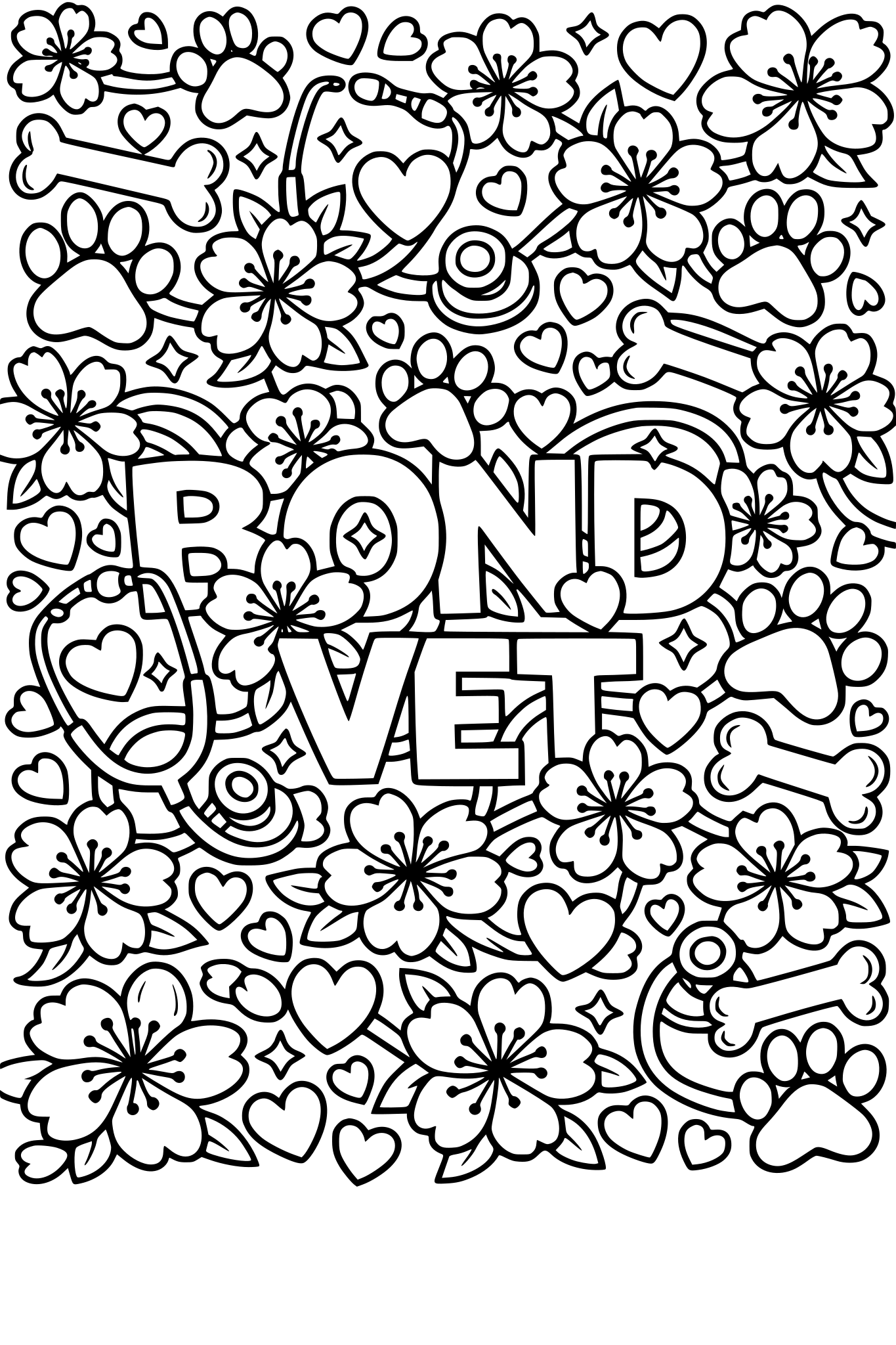 pattern of cherry blossoms, paw prints, hearts, bones, and stethoscopes, seamless pattern, black and white coloring page, thick outlines, hidden ‘Bond Vet’ text in bold letters