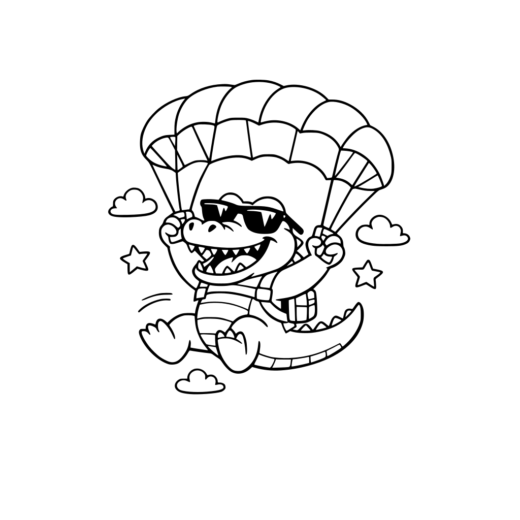 A funny Crocodile parachuting in the air excited with sunglasses. Simple. Big Shapes.