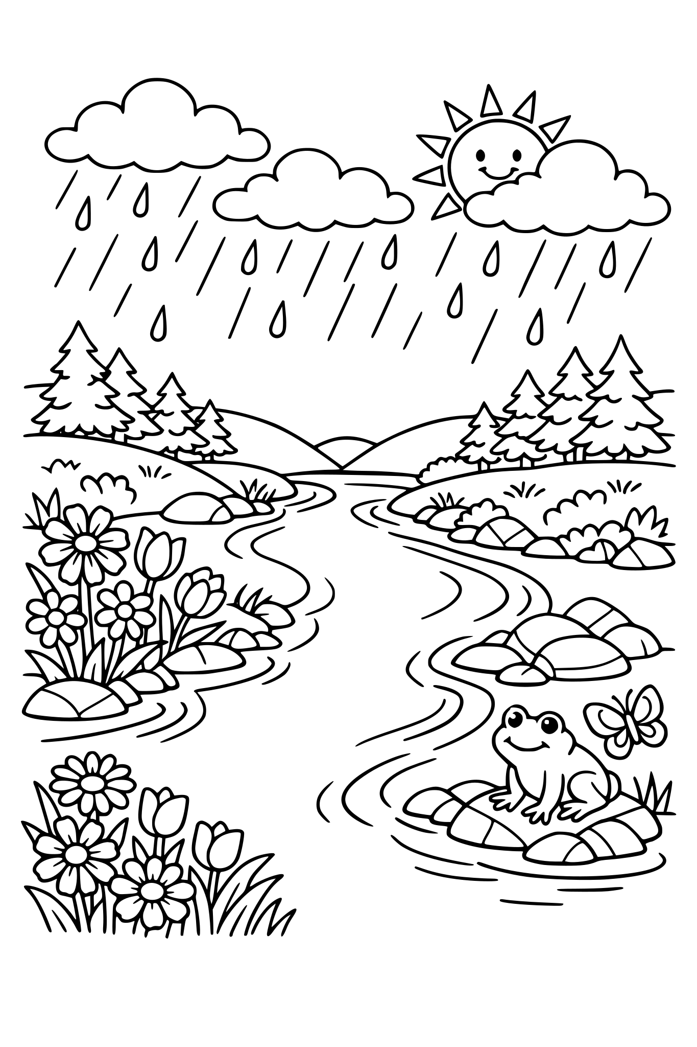 Rain with a river and spring scene