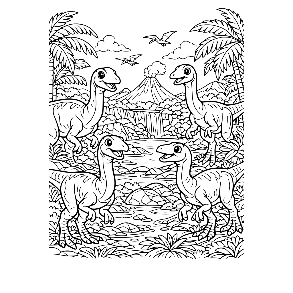 Portrait oriented coloring book page that is black and white with 4 friendly gallimimus. Background is a tropical landscape. Fill the whole page with great detail to the borders.