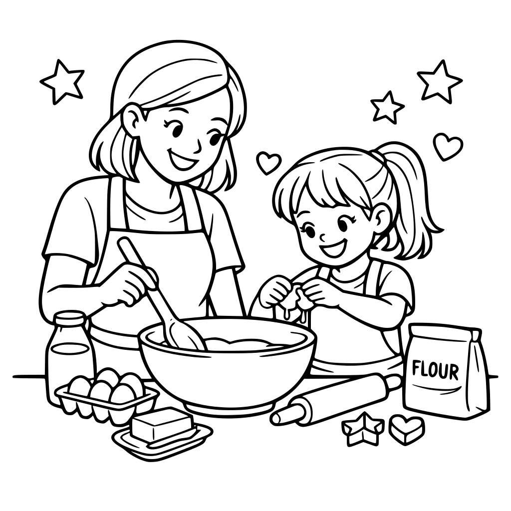 a mother and daughter cooking in kitchen happyly