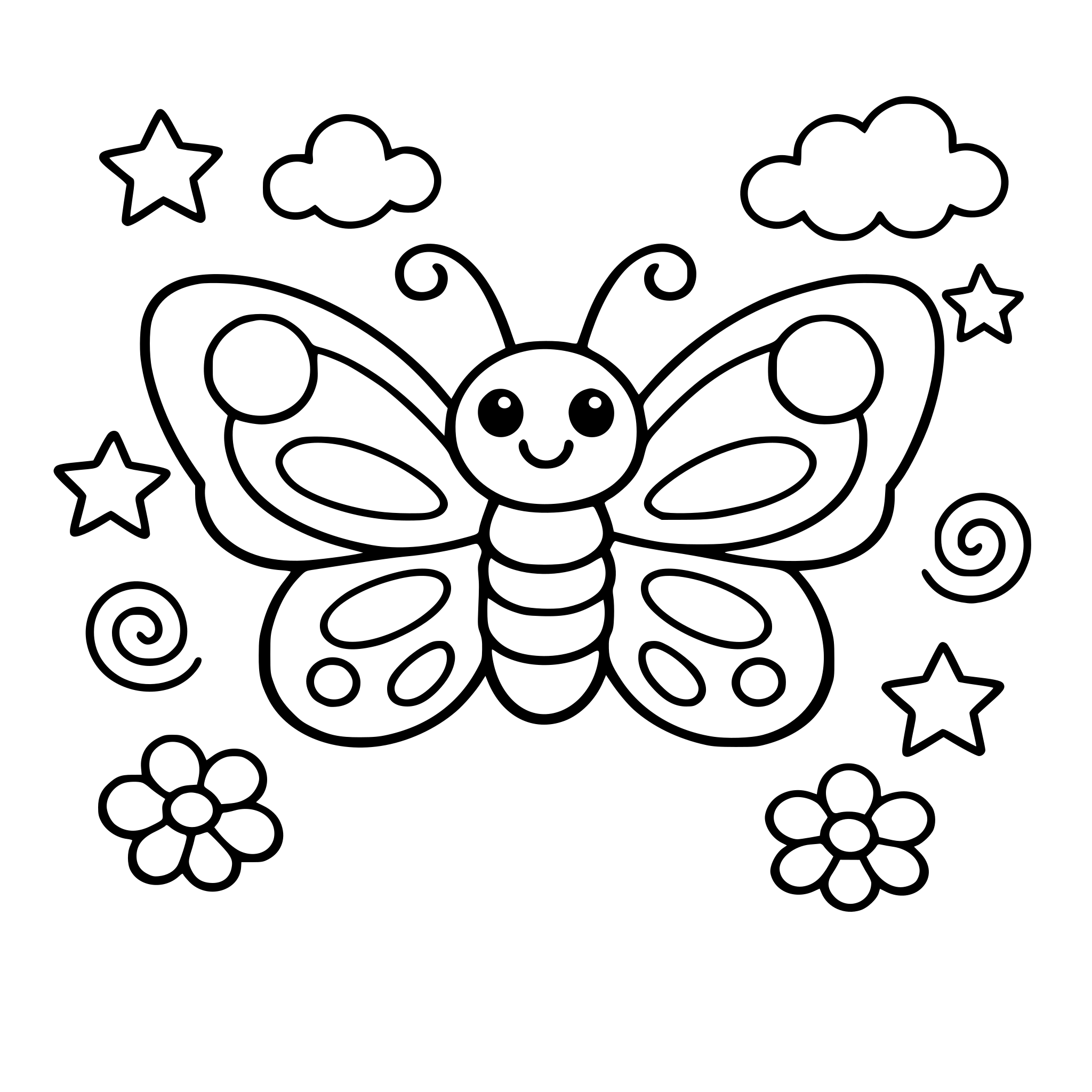 kids coloring page, simple thick lines, butterfly, black and white outline”