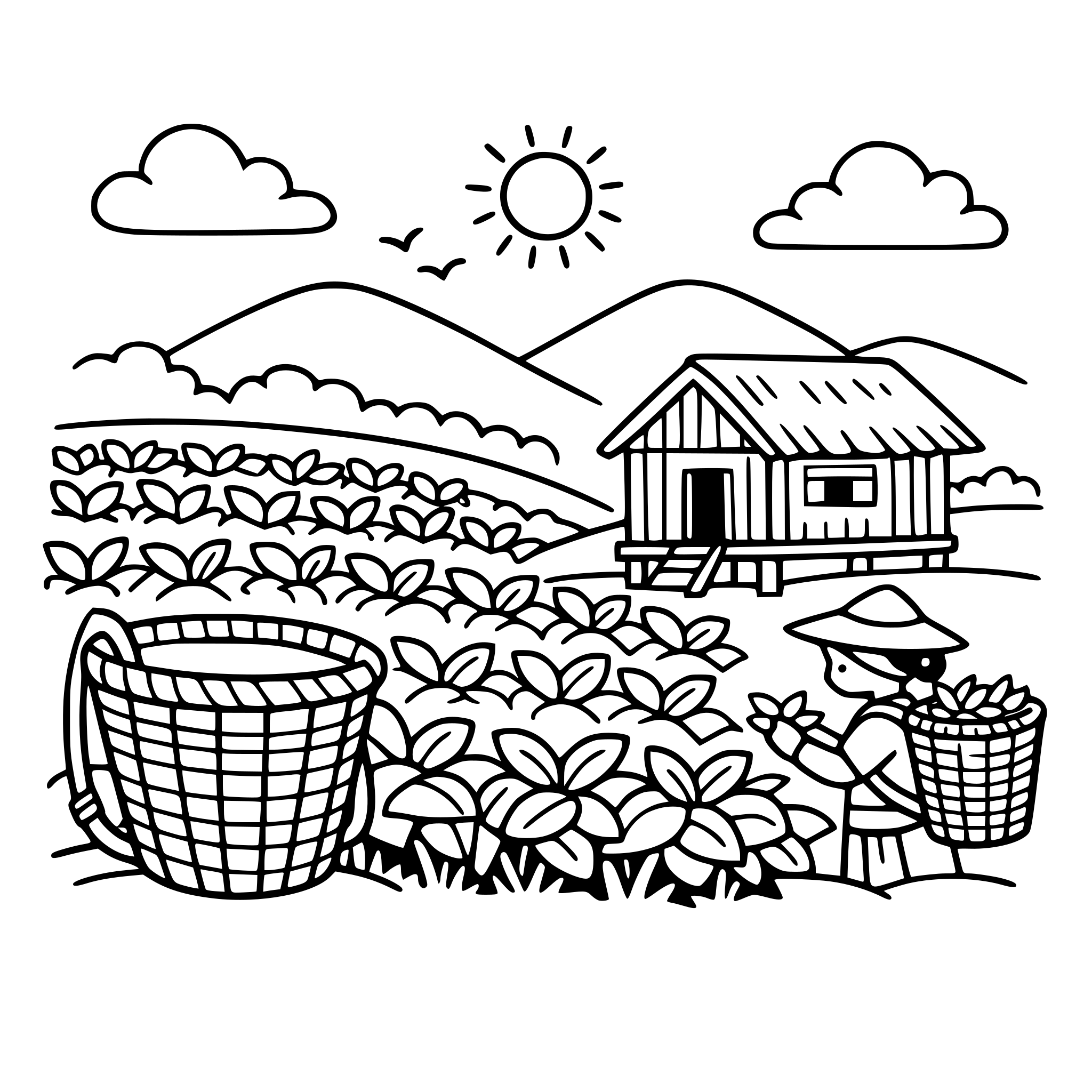 Cute cozy simple Assam Tea garden scene with tea bushes, a worker basket, wooden house, and hills.