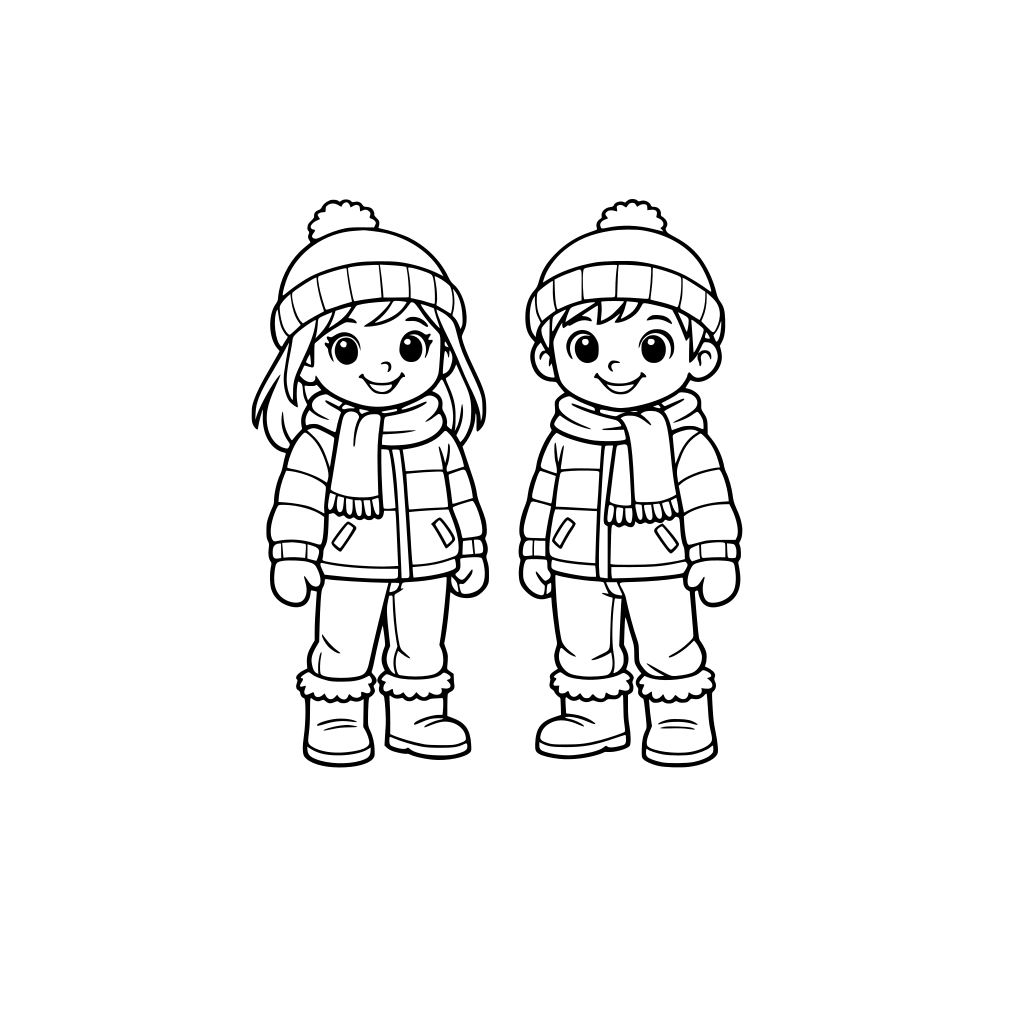 GIRL - colour in picture, wearing a jacket, scarf, hat, boots, mittens, trousers. BOY wearing the same