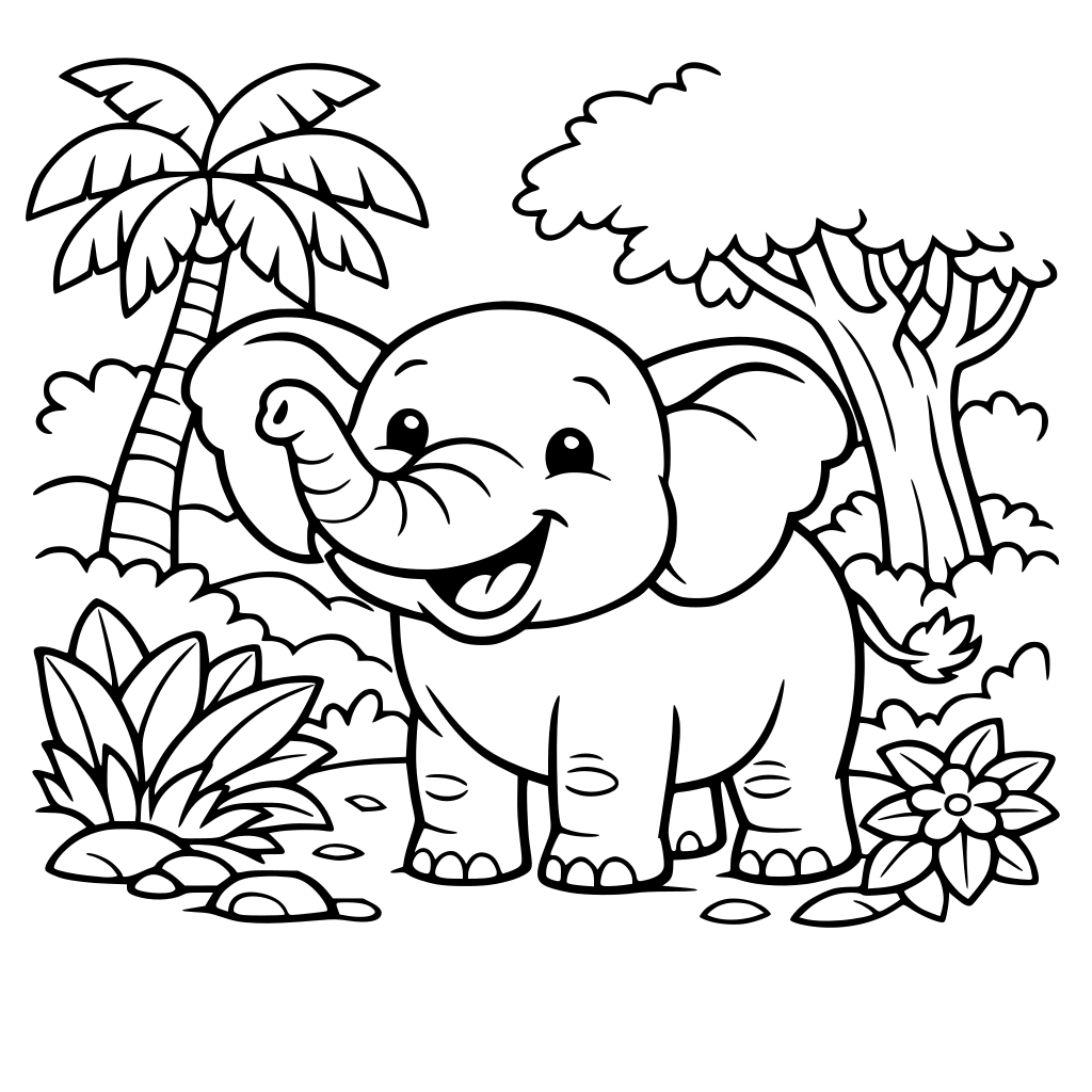create an elephant smiling in the jungle surrounded by trees