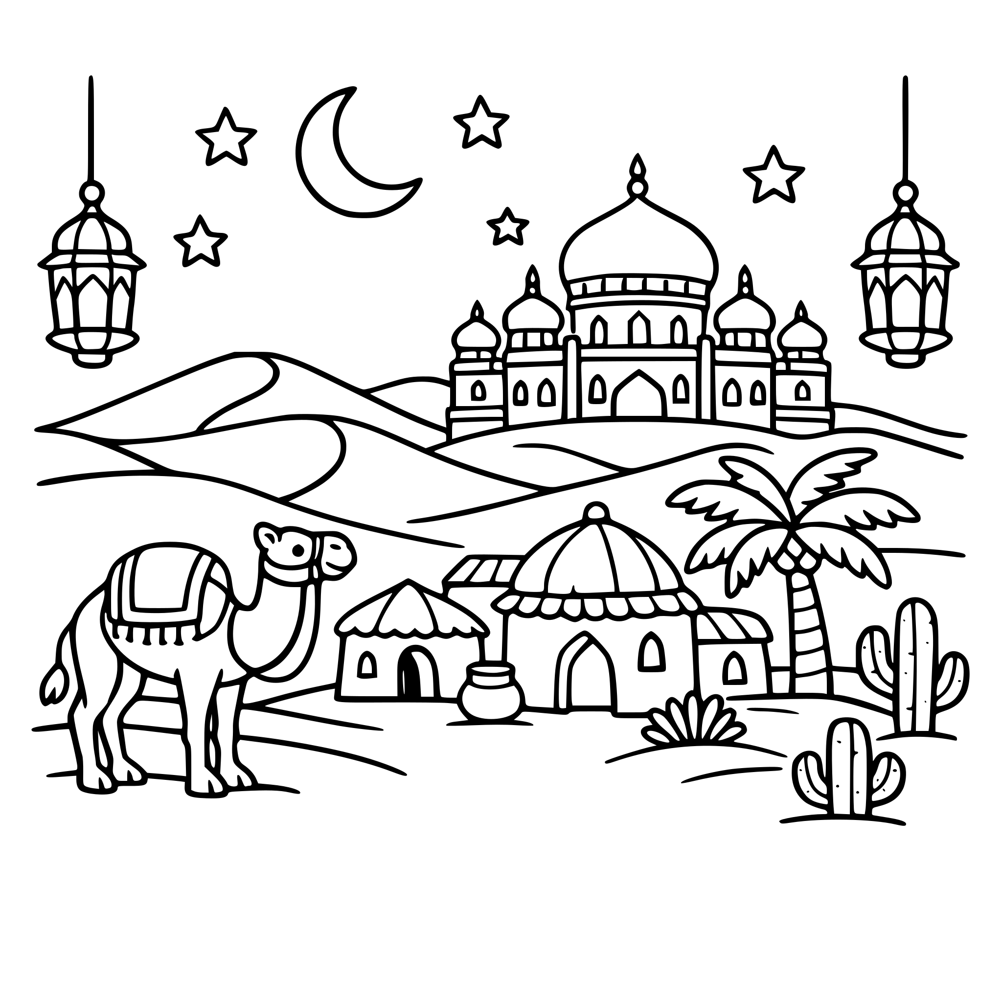 Cute cozy simple Rajasthan Desert village with camel, sand dunes, palace, and lanterns.