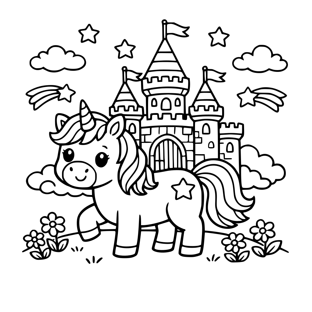 Единорог в детском стиле с замком