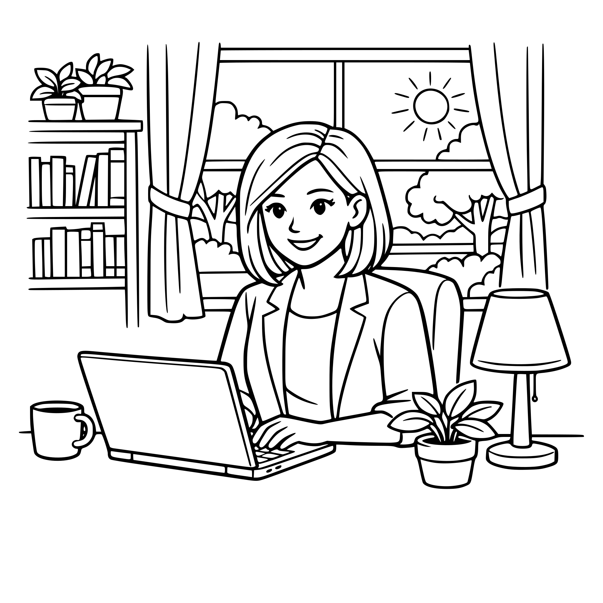 une femme avec son ordinateur a son bureau dans une belle maison