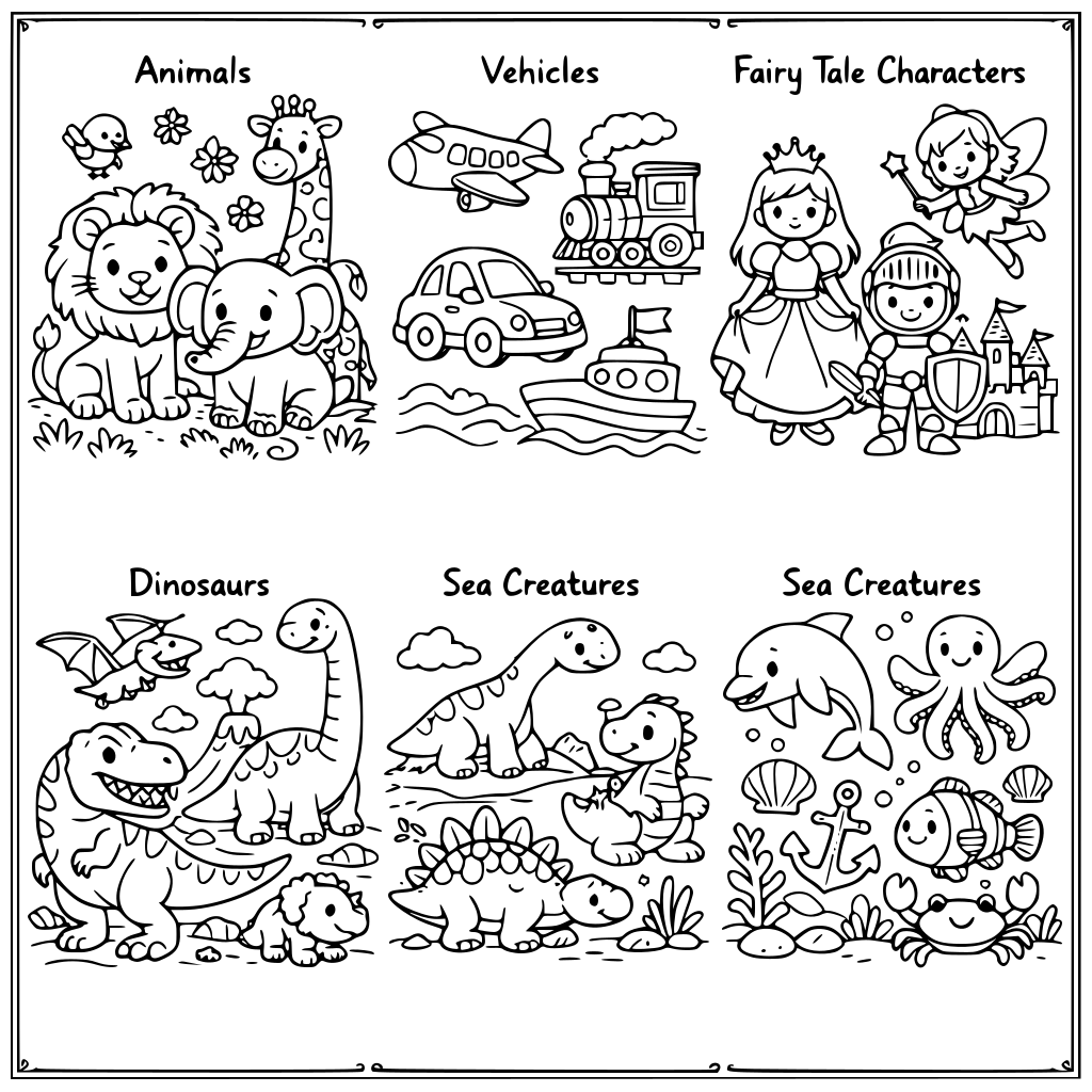 LIBRO PER BAMBINI, OGNI PAGINA CON LA STESSA CORNICE SOTTILE DECORATIVA, SUDDIVISO IN ANIMALI, MEZZI DI TRASPORTO, PERSONAGGI FAVOLE, DINOSAURI, ANIMALI DEL MARE