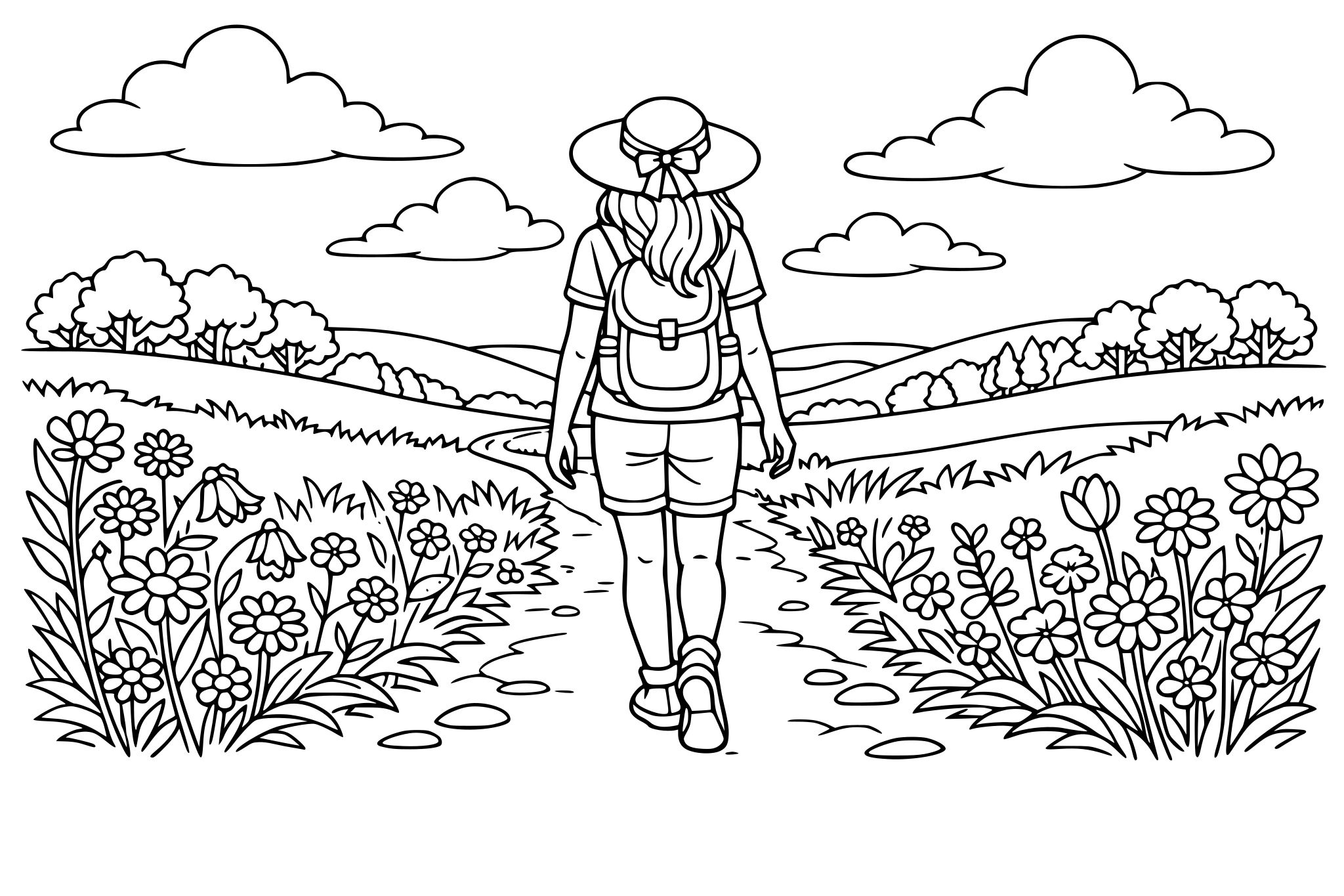 A woman walking, along a path edged with wild flowers and grass. Rolling hills with trees in the distance. Clouds in the sky.