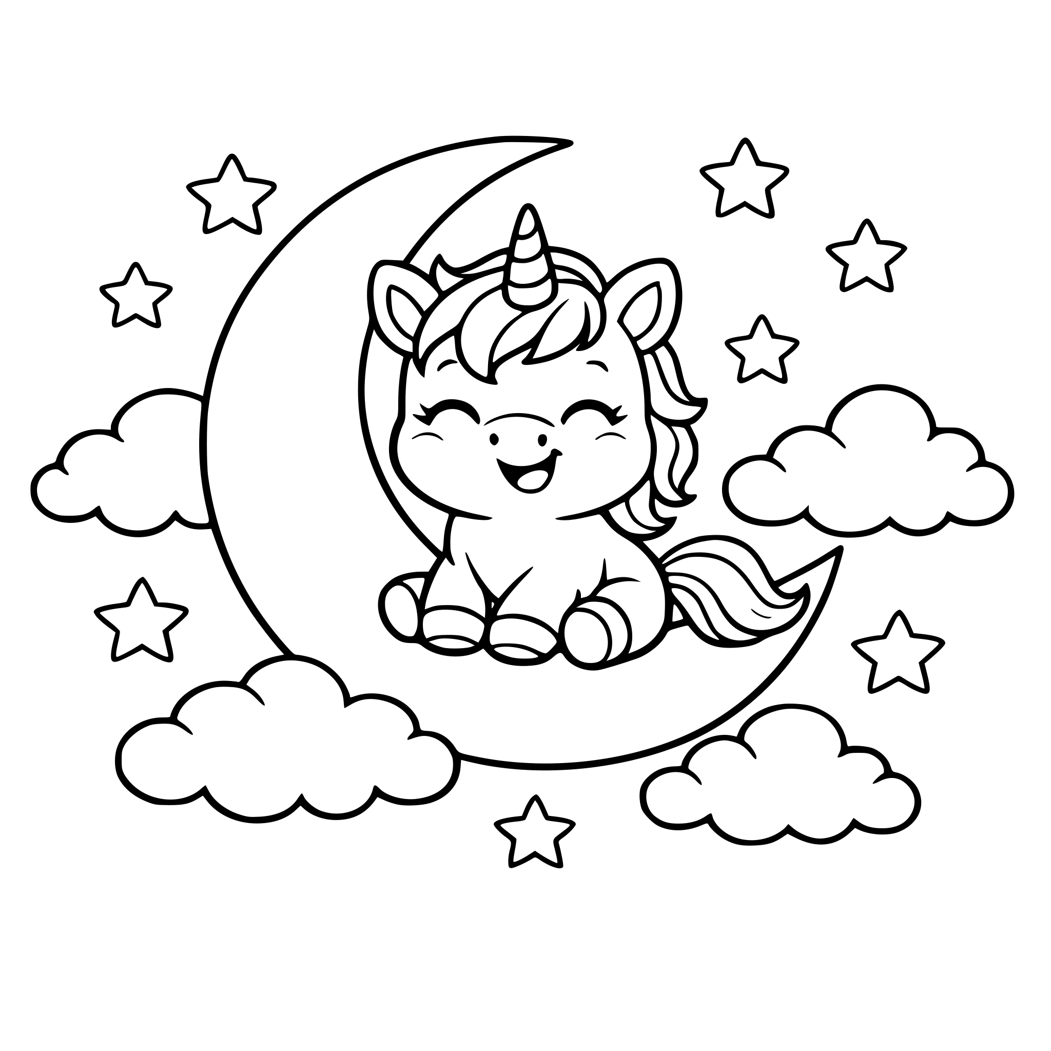 Un unicornio bebe sobre una media luna. El unicornio tiene una expresion de felicidad. Alrededor hay unas nubes y estrellas