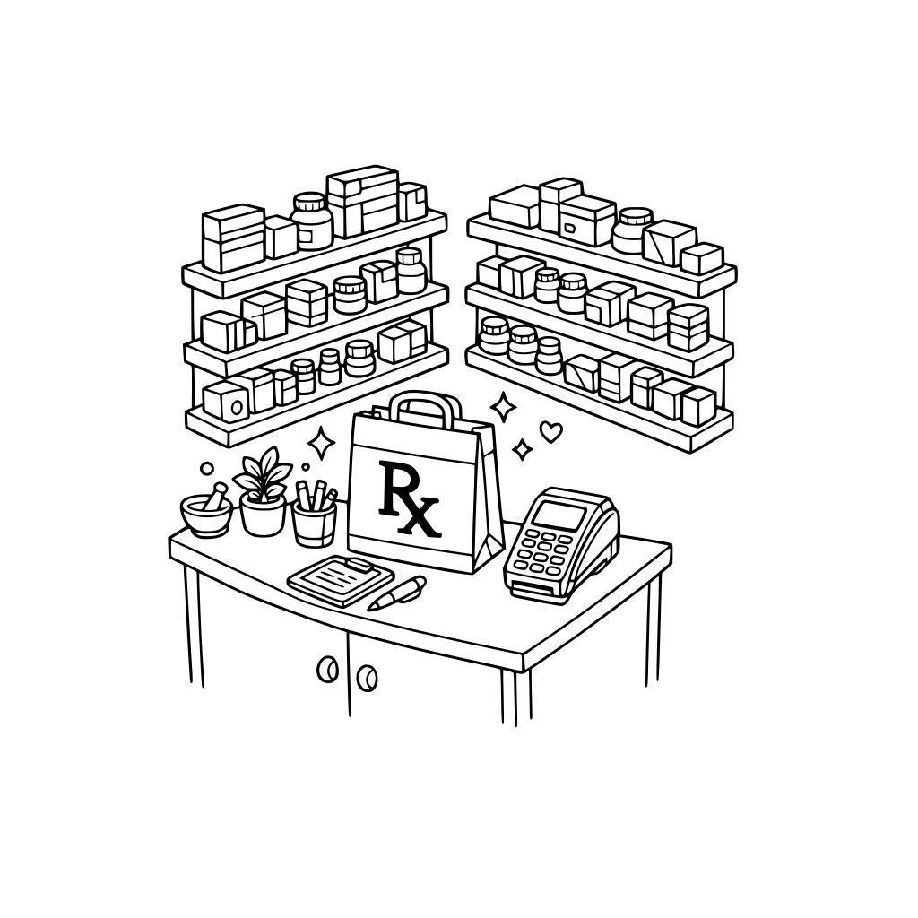 hygge style, cute and cozy, 3d isometric, corner pharmacy scene, shelves of medicine boxes, counter with prescription bag placed on top, small card terminal