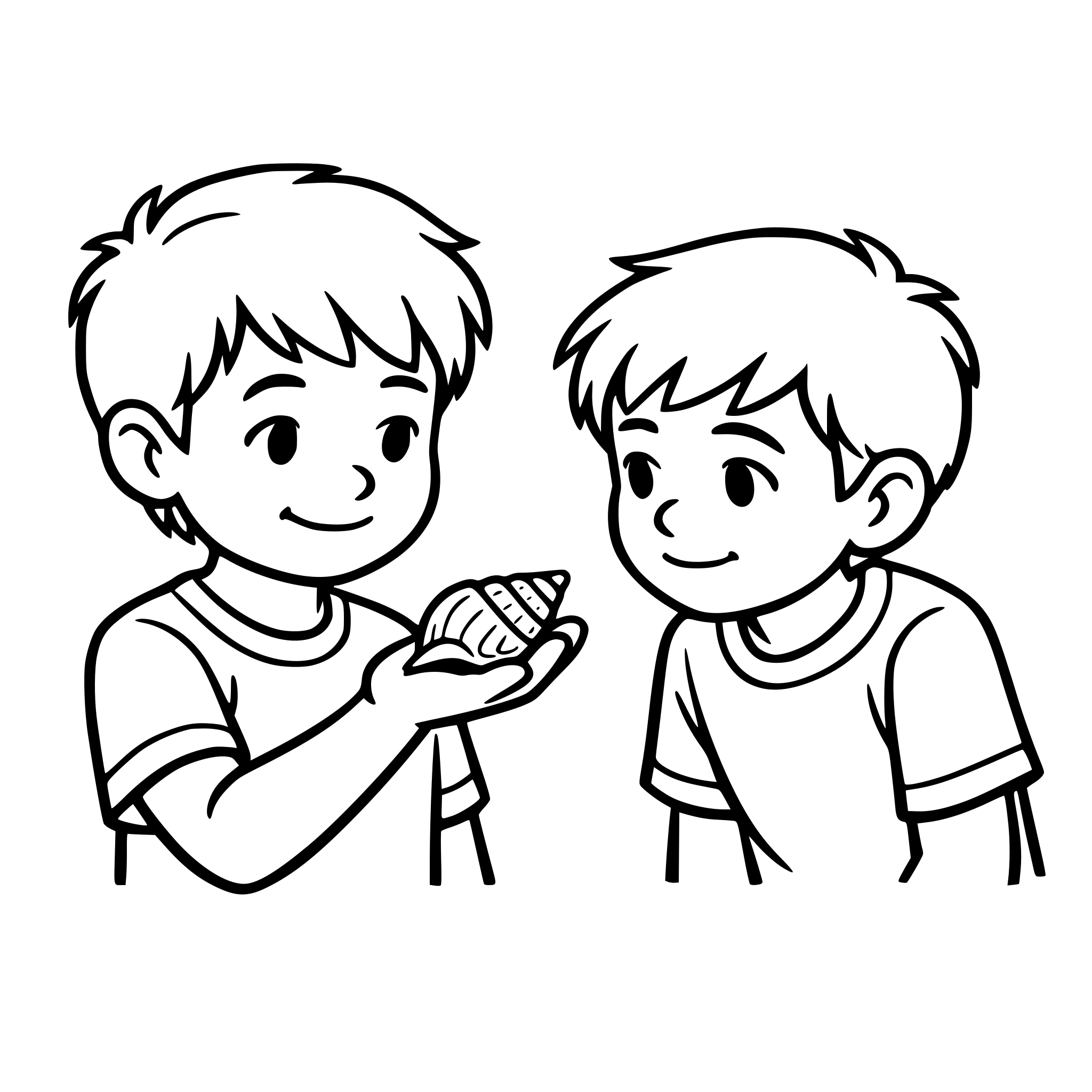 Create an image of a young hispanic boy with a seashell in his hand. Another boy looks at the seashell in his friends hand. The expressions are subtle. White background, isolated.