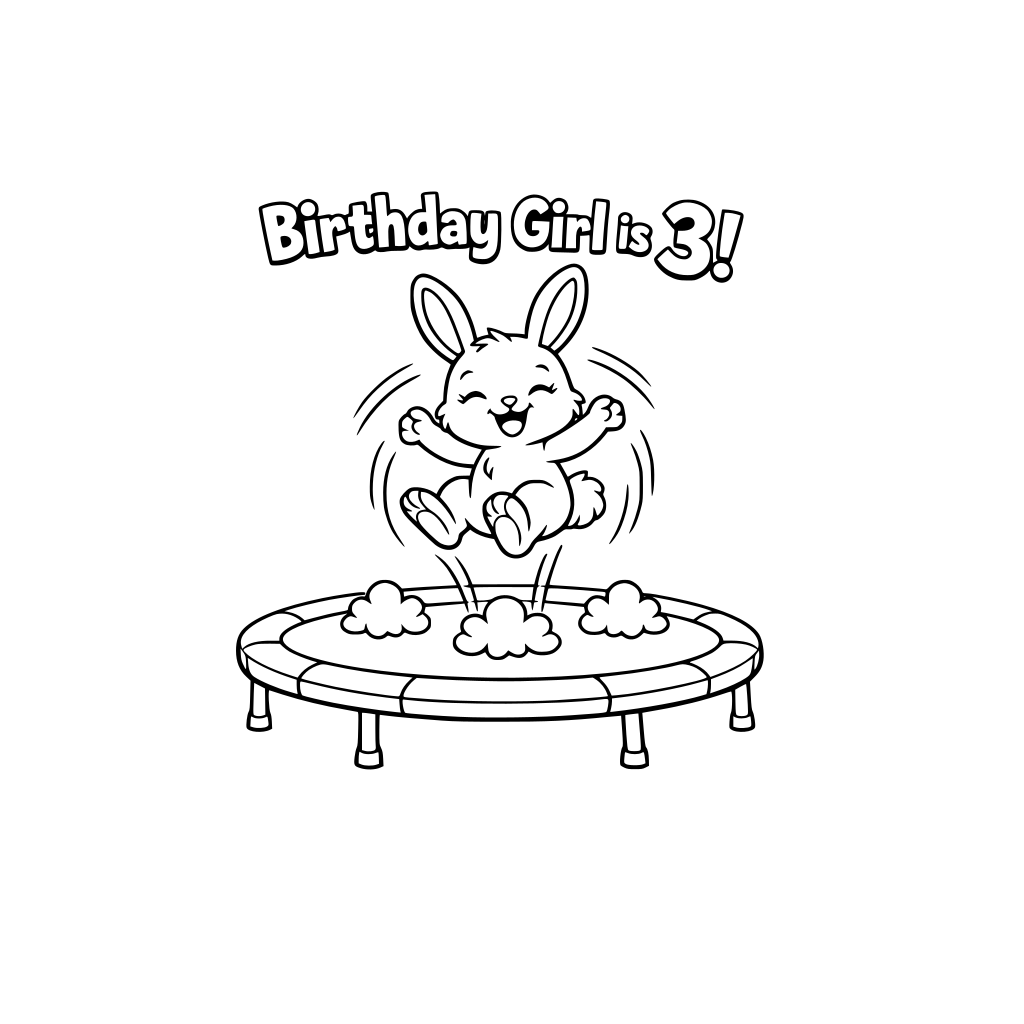 Bunny on trampoline with motion lines showing bouncing, three bounce marks shaped like little clouds, ‘Birthday Girl is 3!’