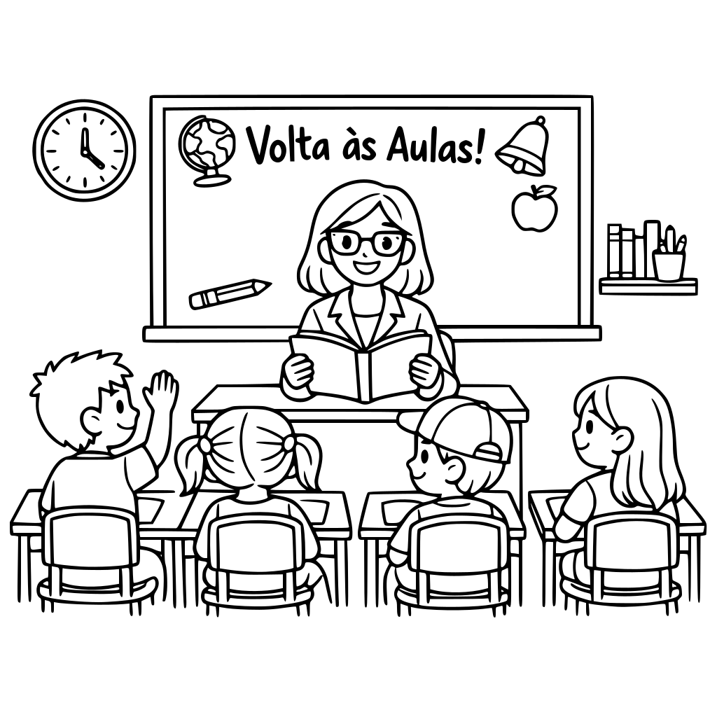 Crie uma cena com professora e seus alunos sentados em uma sala de aula para colorir tema volta às aulas
