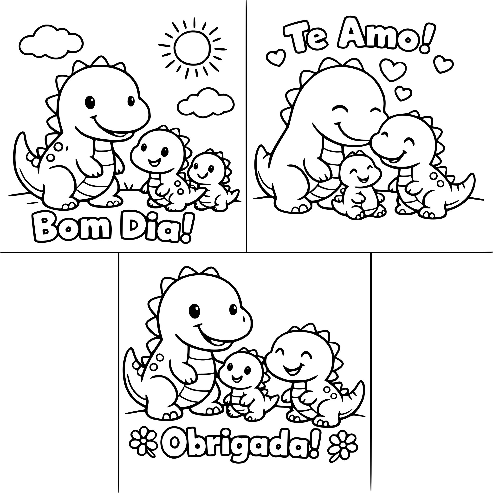 Quero um dinossauro em um lugar com árvores e algumas páginas com dois dinossauros pequenos ,tipo uma família de dinossauros bem infantil para colorir,quero cada página com palavras educativas ,poucas palavras ( Bom dia,te amo, obrigada/o, )