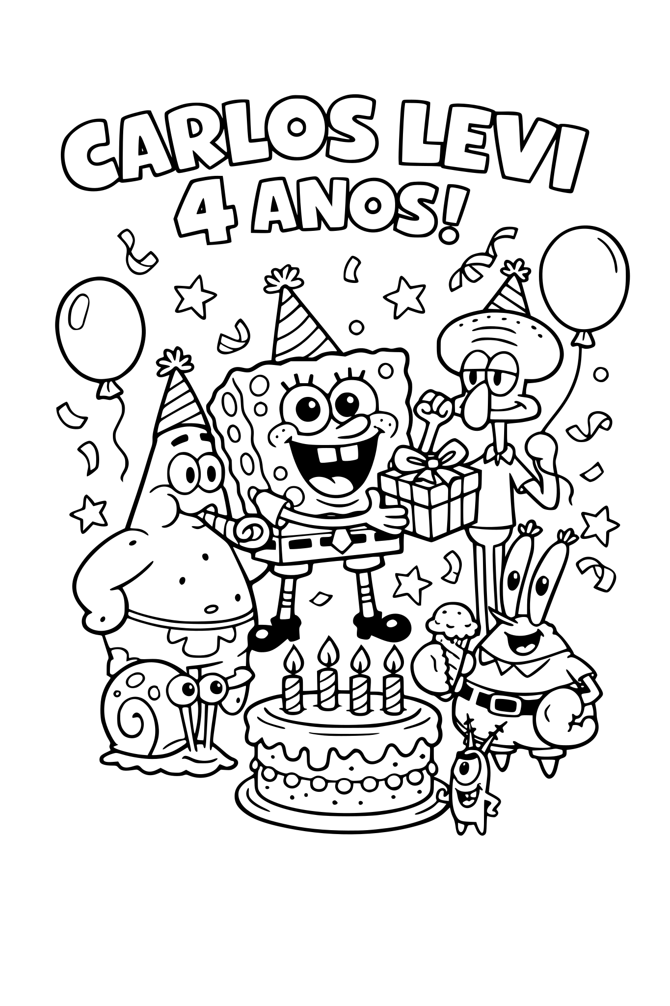 crie um desenho com o tema do bob esponja aniversario de carlos levi 4 anos
