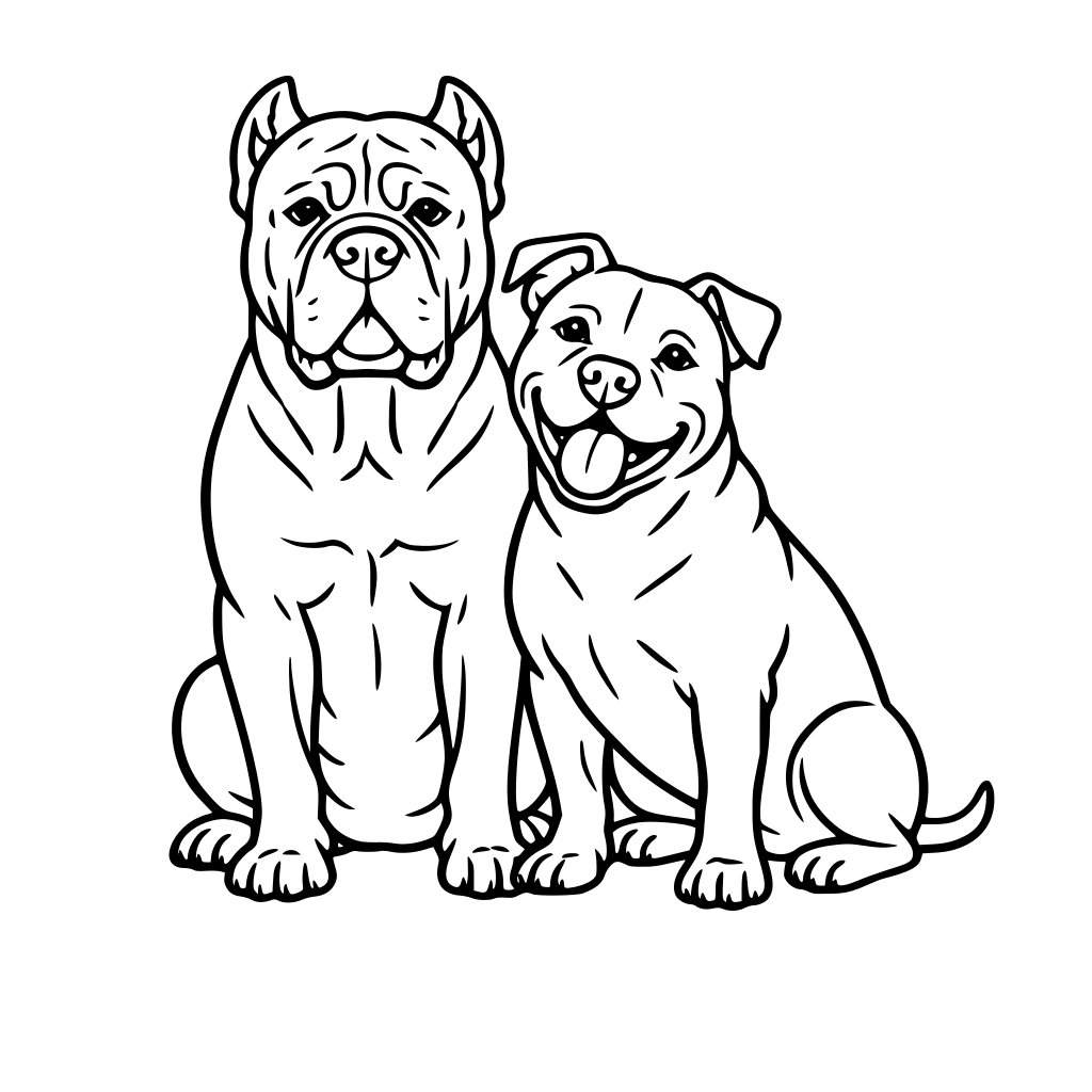 Cane corse dog sitting with a pitbull dog