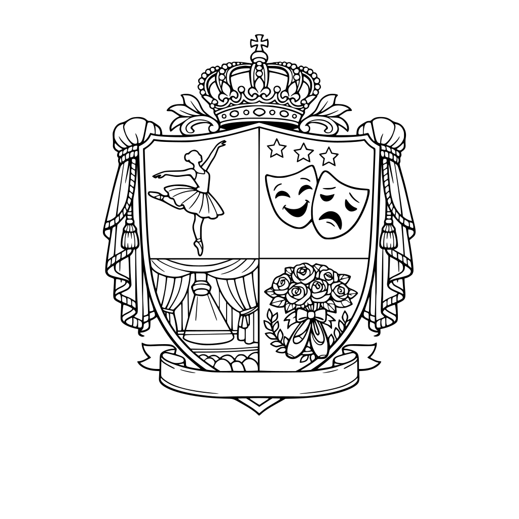 Create a black-and-white Regency crest divided into 4 large, easy-to-color sections. Theme: Grace & Curtain Call.
