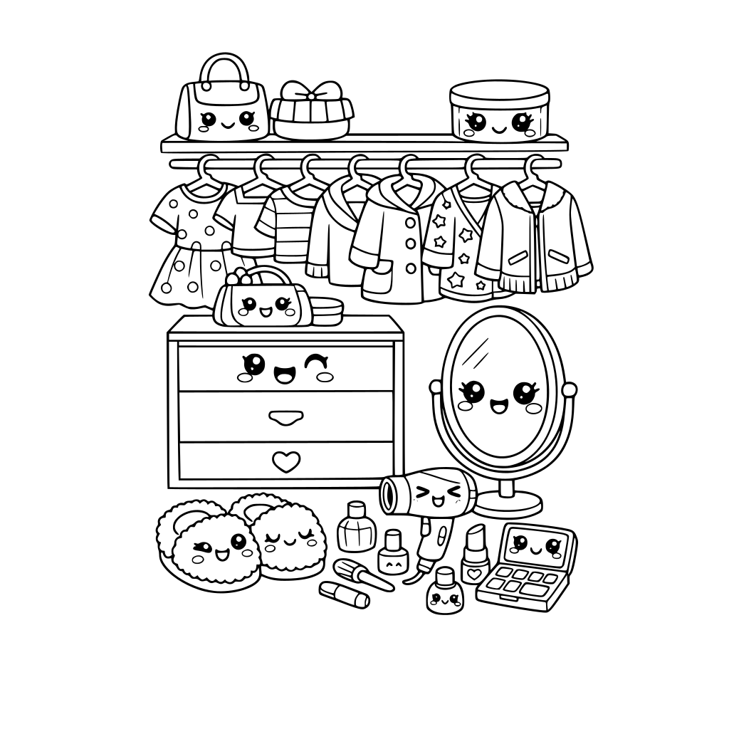 cute kawaii dressing room with hangers, clothes, coats, drawers, fuzzy slippers, mirror, hair dryer, makeup items. no animals. a few items with kawaii faces. do not repeat facial expressions.