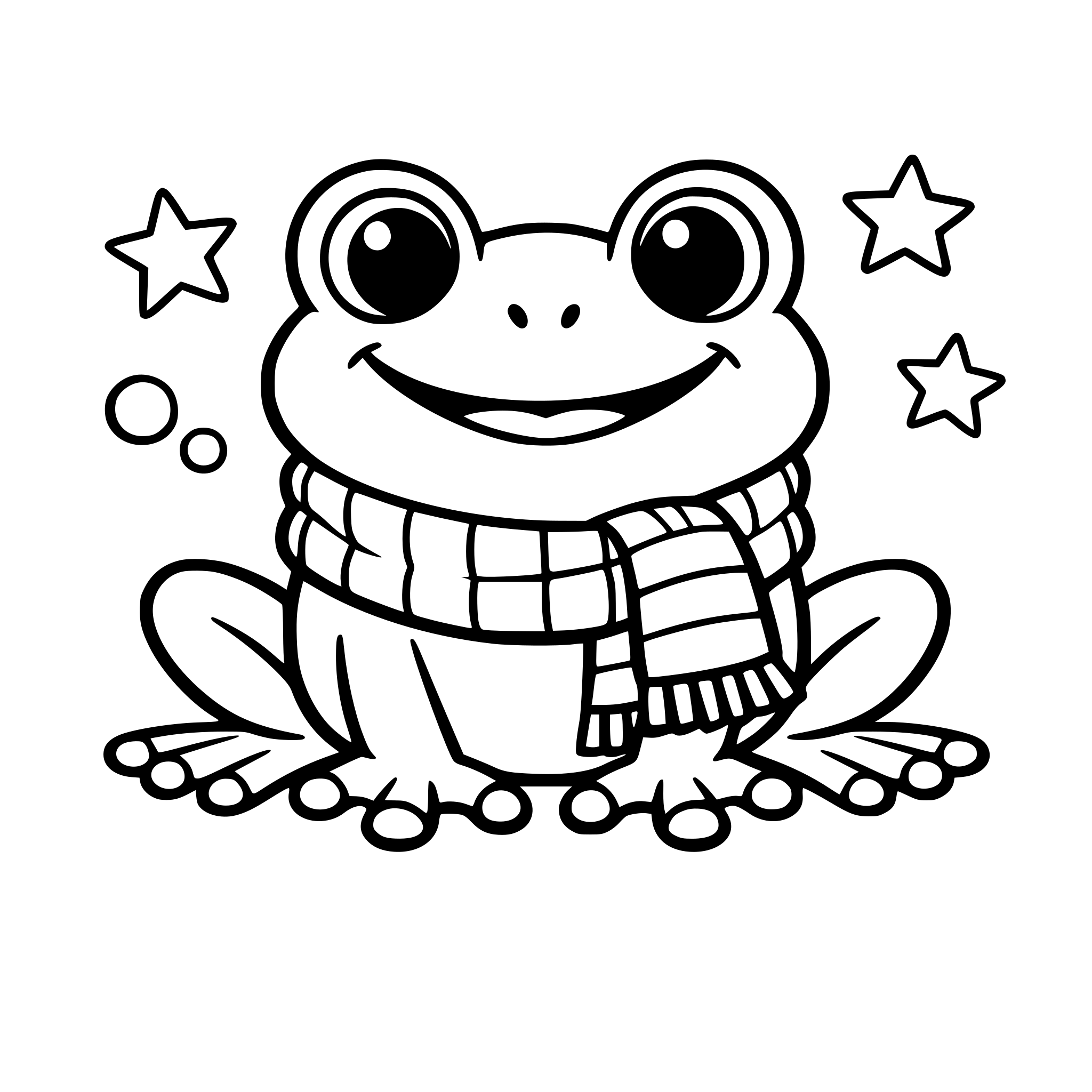 Een vrolijke kikker met een gestreepte sjaal