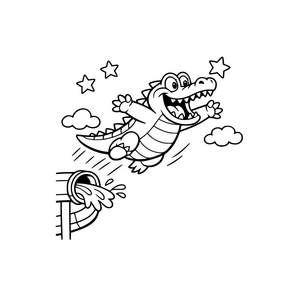 A funny Crocodile launched out of a waterslide flying through the air. Simple. Big Shapes.