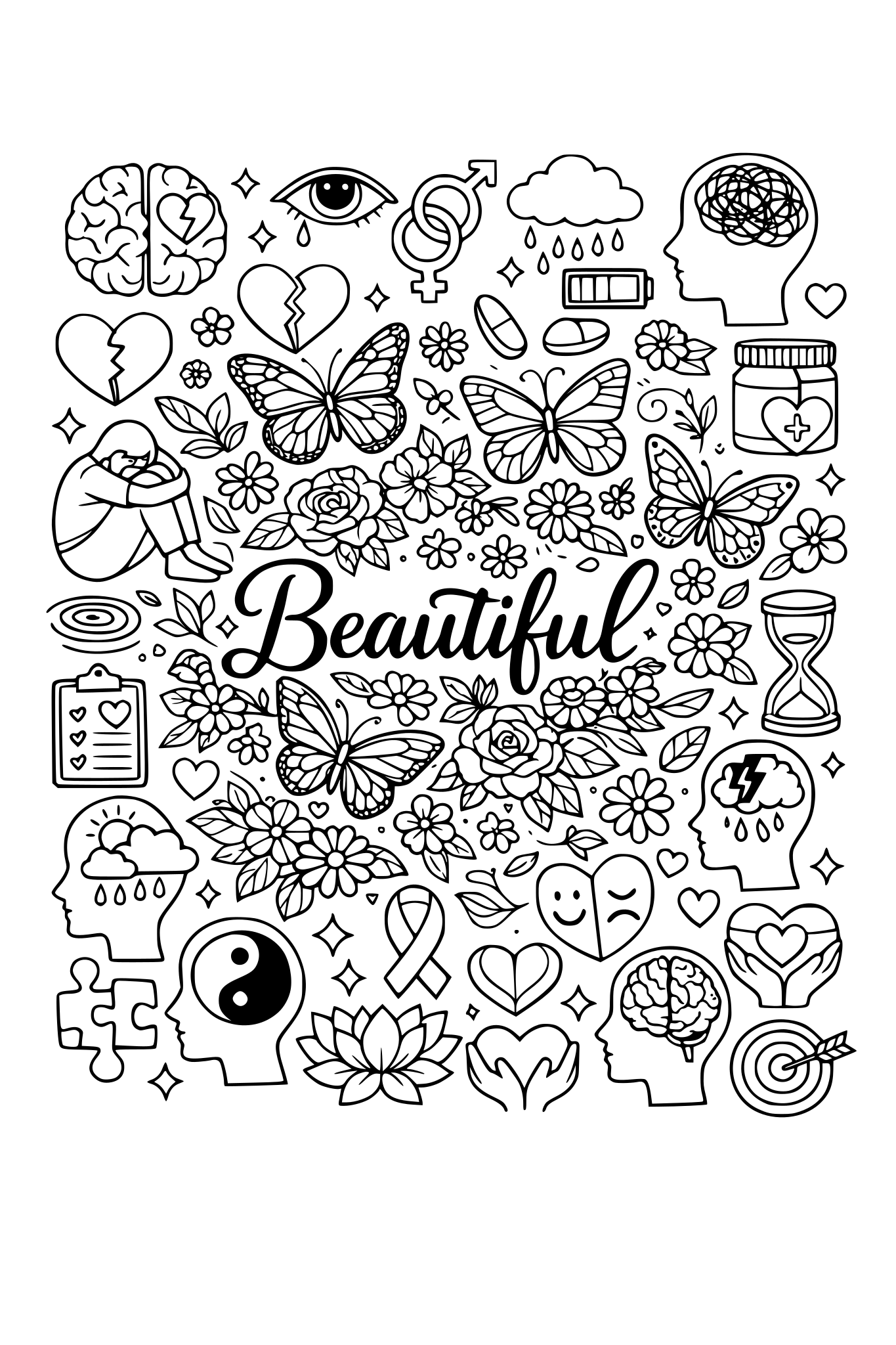a detailed page of mental health icons and in the middle write beautiful add also beautiful stuff like butterflies flowers