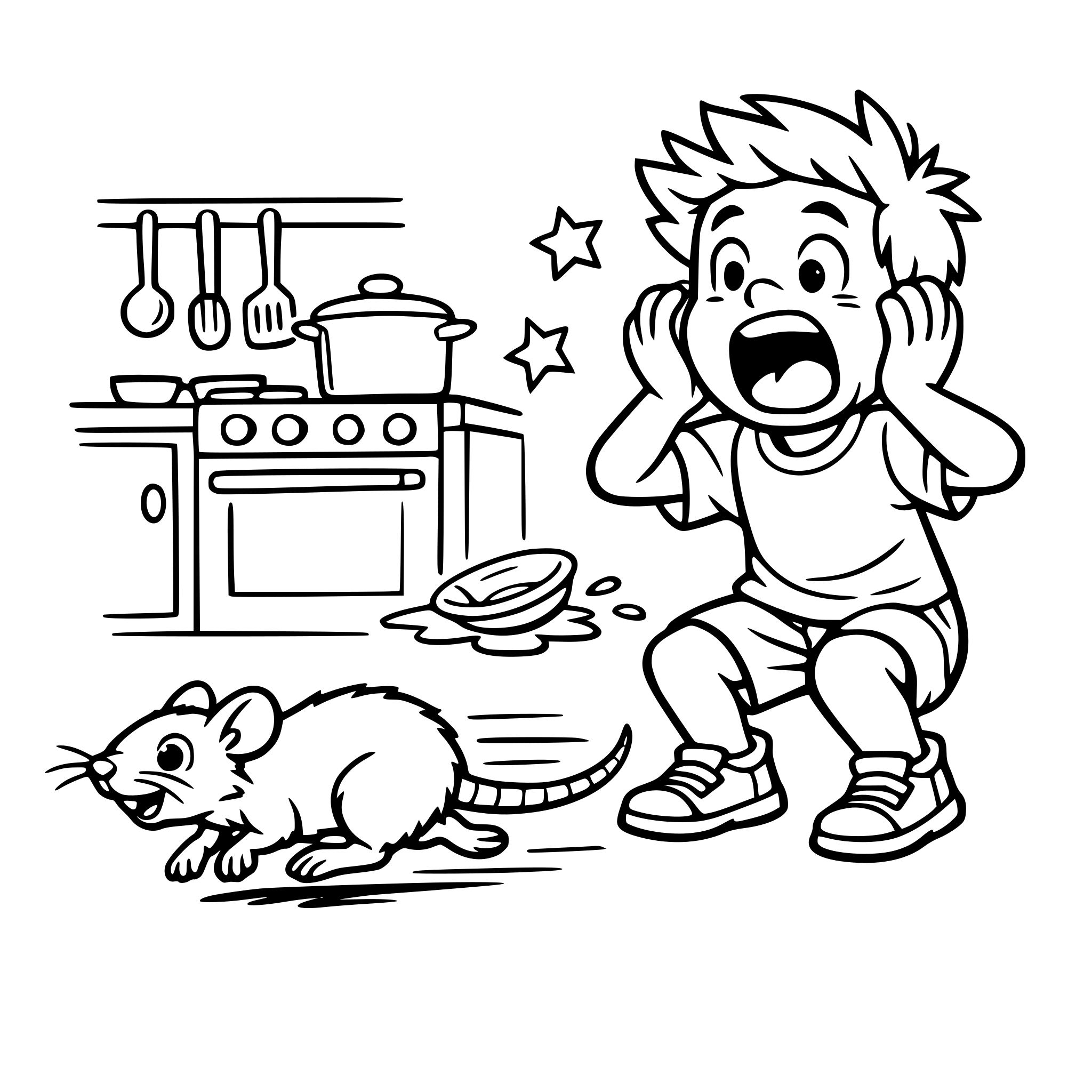 Create an image of a rat running through the kitchen and a boy shrieking. White background, isolated.