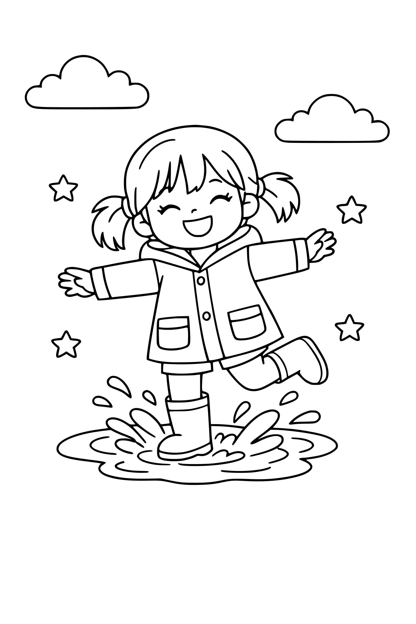 Little girl jumping in puddles with rain boots, easy coloring page