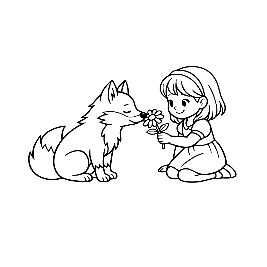 una volpe annusa il fiore che una bambina le porge