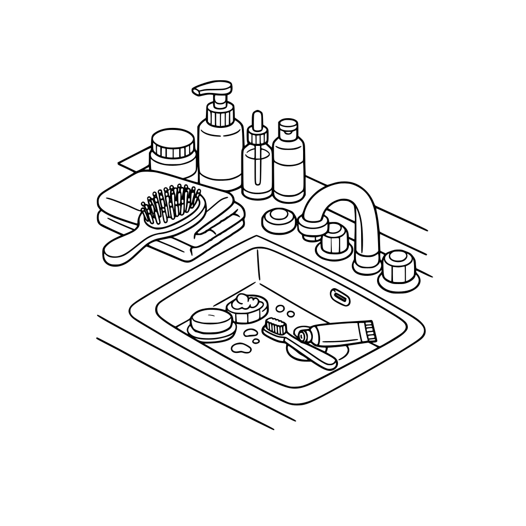 hygge style, cute and cozy, 3d isometric, Hairbrush, skincare bottles, towel on counter, sink slightly messy with toothbrush and toothpaste. no characters, no animals