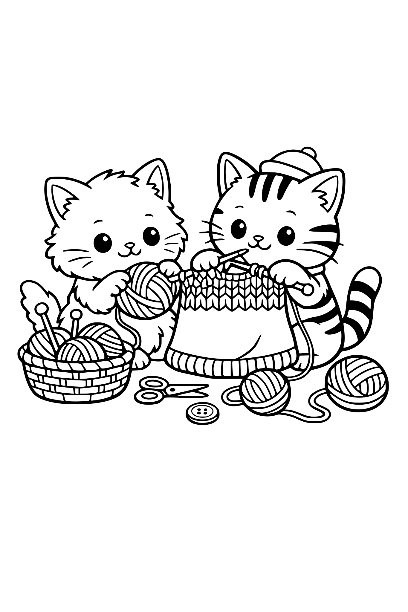 cute cats knitting a garment in a cozy room
