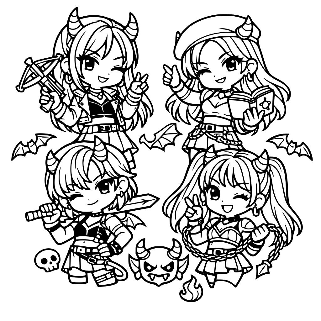 generate a 2D kpop demon hunters cute characters with black and white that ready to color