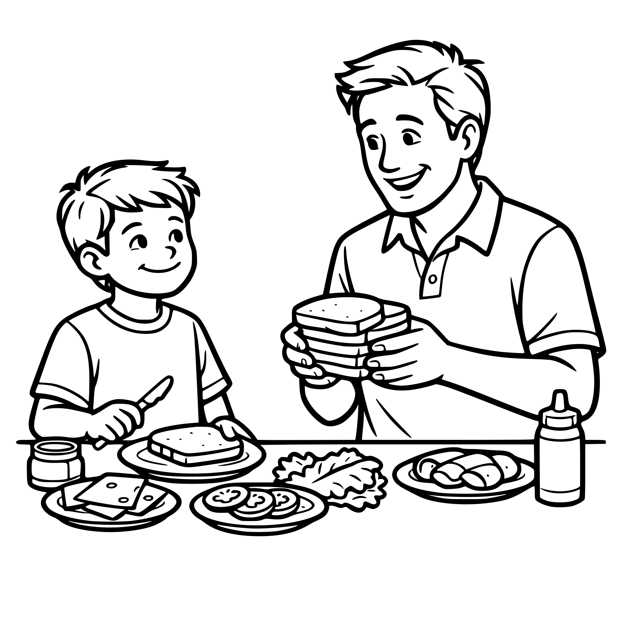 Create an image of a dad asking for his help to make lunch. They are preparing sandwiches. The boy has a closed smile and the dad has a grateful expression. Dad is looking at and holding bread. White background, isolated.