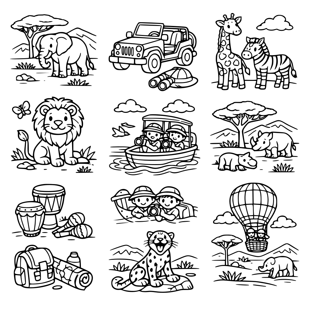 Create 10 drawings with a safari theme.