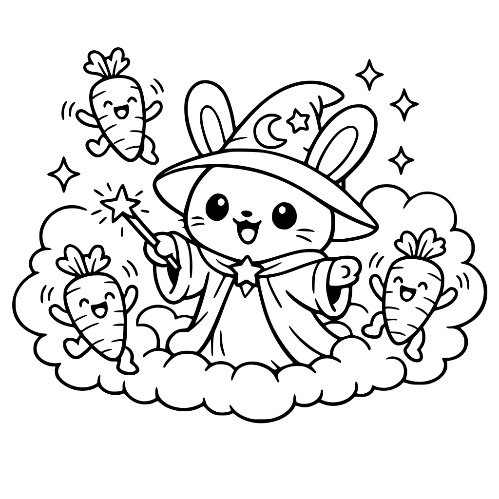 cartoon and kawaii-style bunny in a magic robe making carrots dance — puff of smoke.