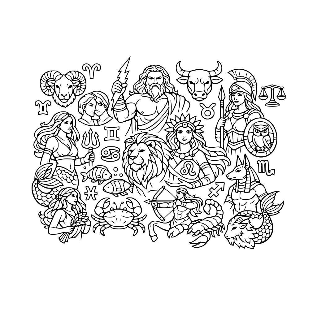 Zodiac signs with the symbol, animal, and a god/goddess