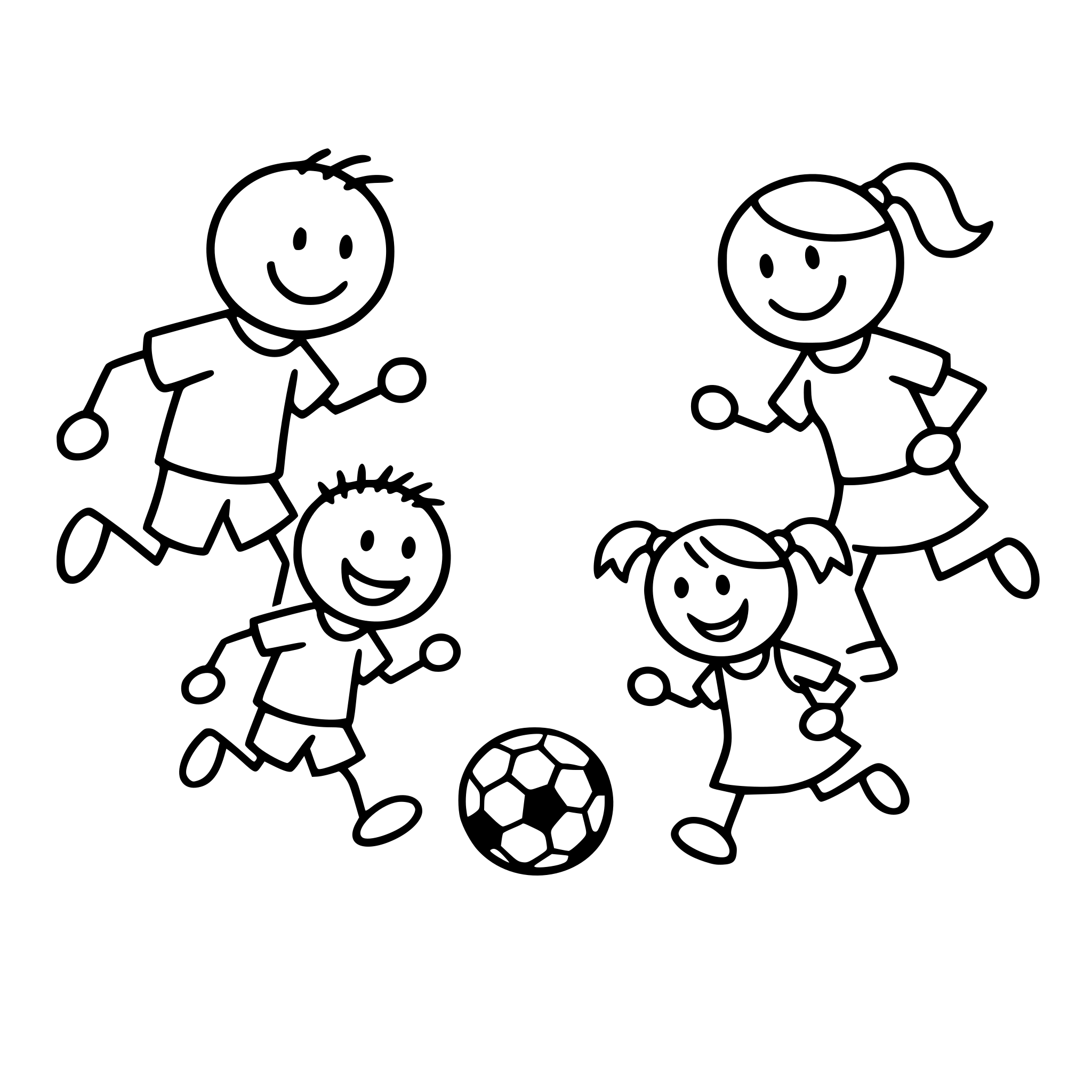 A stick family of 4 playing soccer